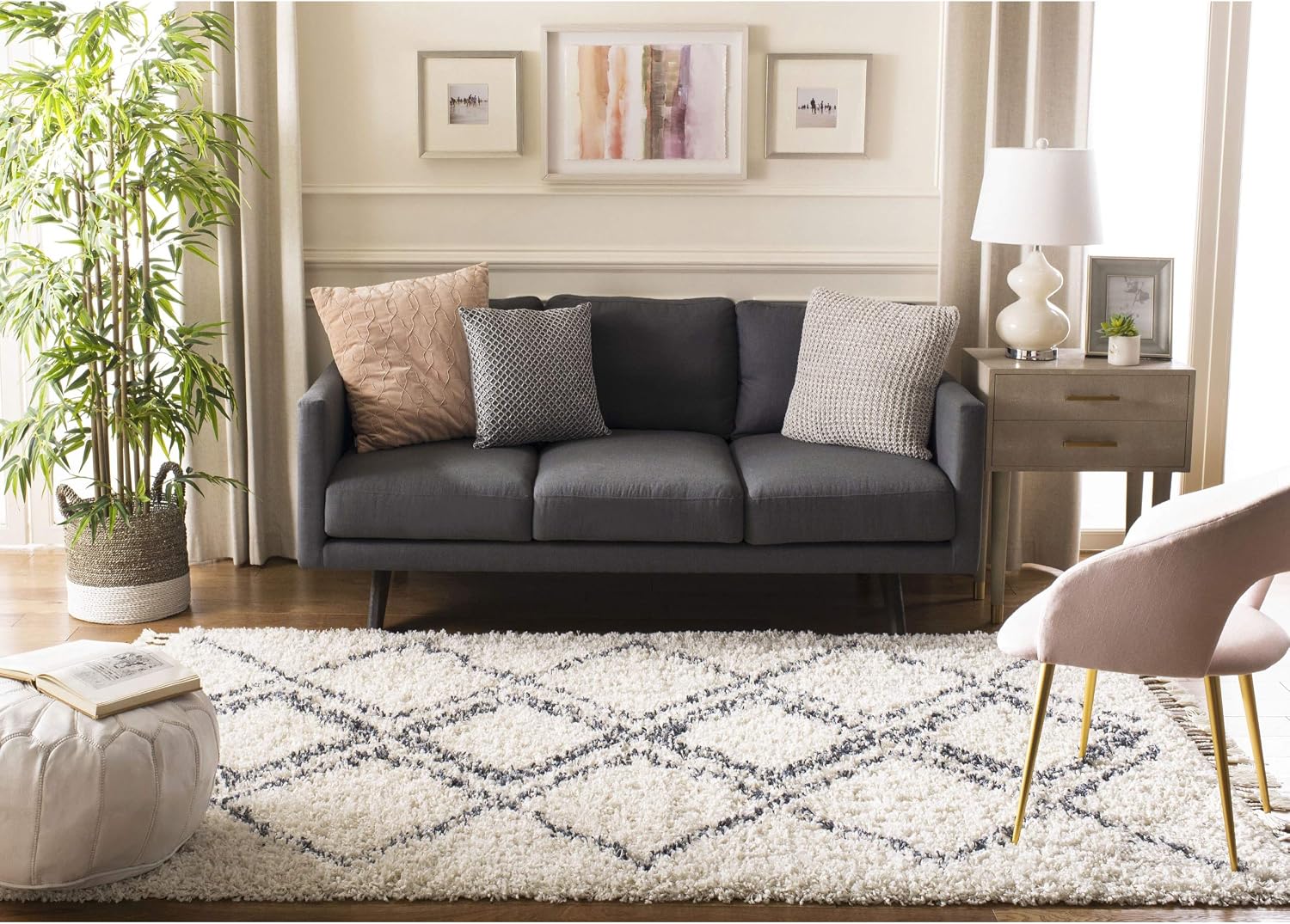 SAFAVIEH Pro Luxe Shag Collection Area Rug - 9' x 12', Cream & Blue, Moroccan Boho Tassel, Non-Shedding & Easy Care, 2.4-inch Thick Ideal for High Traffic Areas in Living Room, Bedroom (PLX432A)