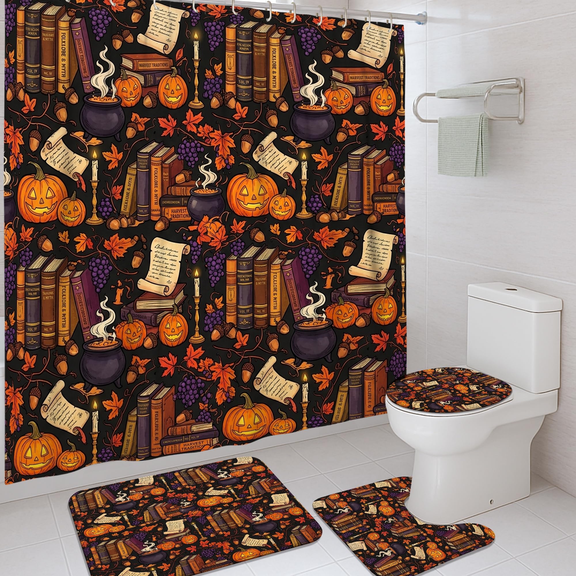 Rideau de douche citrouilles anti-éclaboussures et tapis de bain absorbants