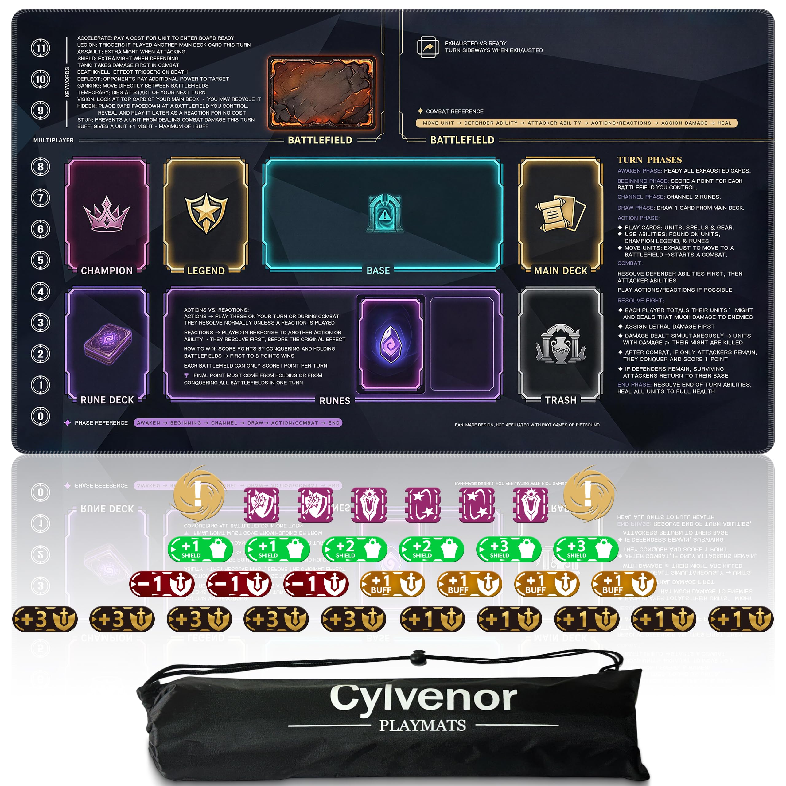 Cylvenor Playmat for Riftbound Board Game (24x14 Inches) - TCG Card Game Mat with 31 Tracking Tokens, Waterproof Oxford Bag & Non-Slip Rubber Strategic Zones (Guided Layout) — image 1