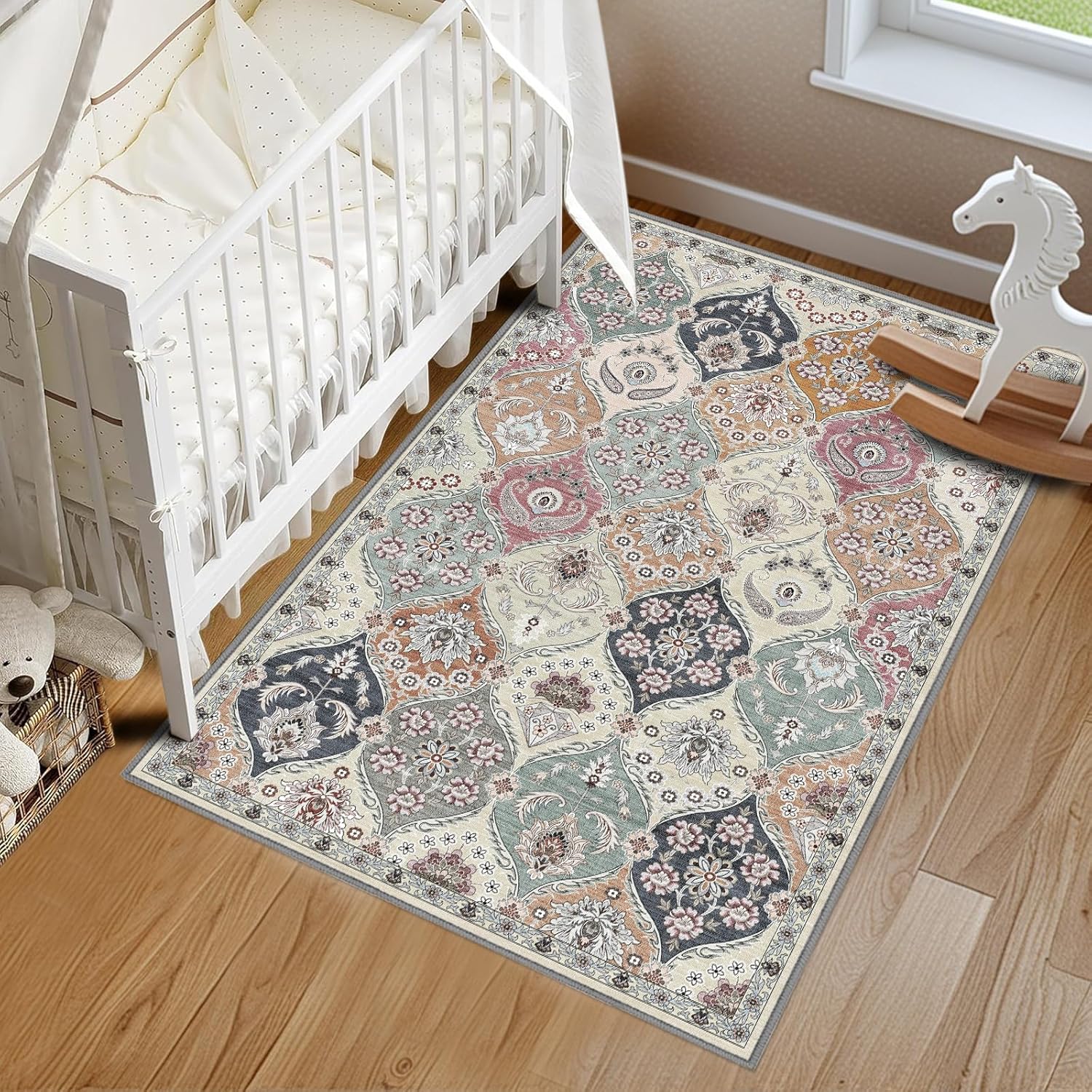 Moroccan Trellis Area Rugs Washable Rug Low Plie Boho Vintage Rug with Rubber Backing Non-Slip Indoor Outdoor for Entryway Bedroom Living Room Classroom Office Kitchen College Dorm, 4x6, Cream