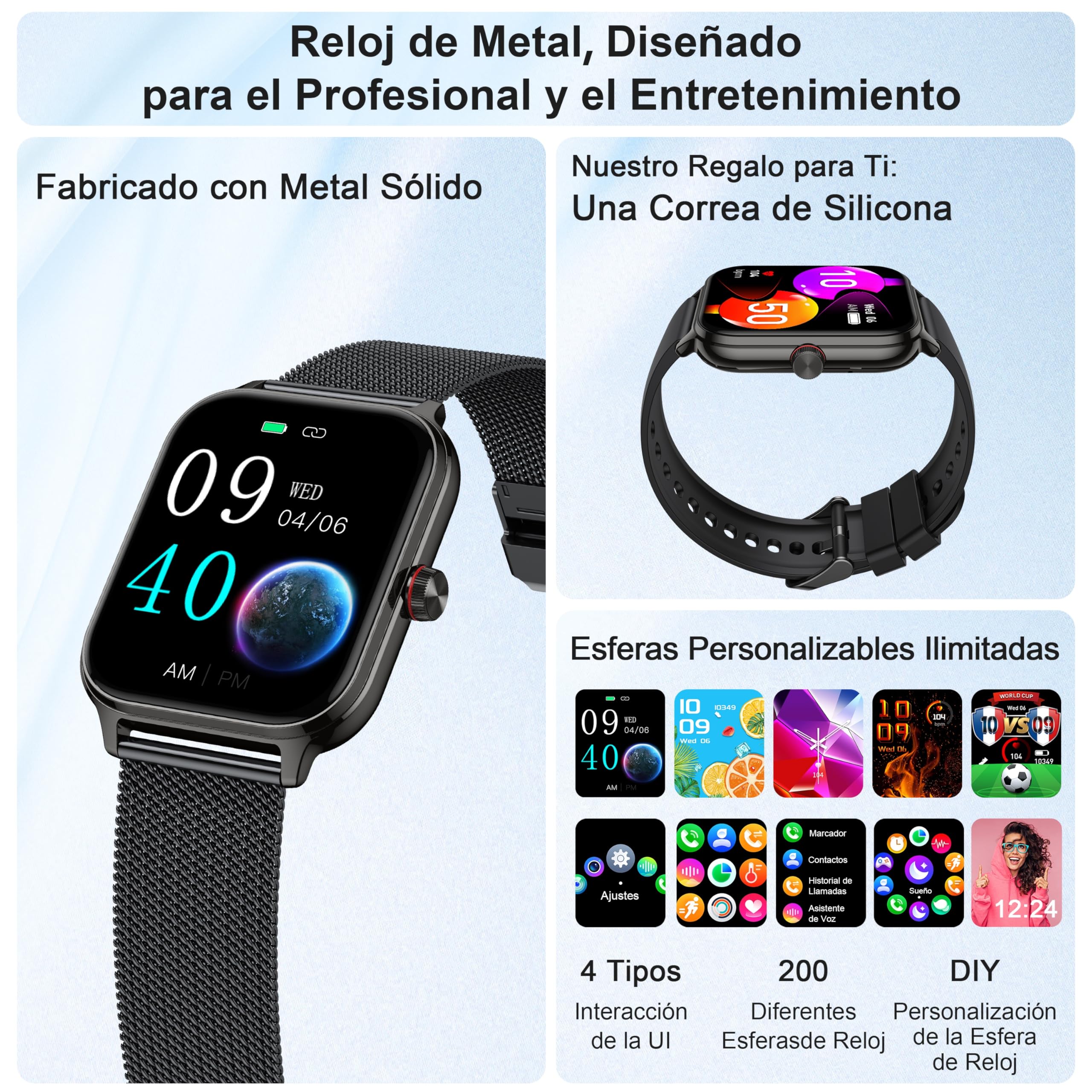 LODIMEKE Reloj Inteligente Mujer Hombre con Llamadas AI Voz y Whatsapp, 1.96" Smartwatch Monitor de Presión Arterial/SpO2/ Sueño/Podómetro/ 100+ Deportes, Pulsera Regalo iOS Android
