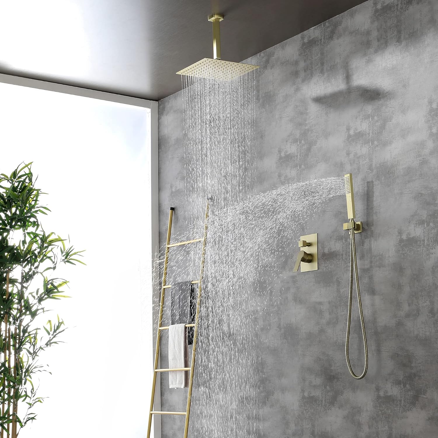 Exclusive Discount 60% Price SHAMANDA Ceiling Mount Shower System, 12-Inch Bathroom Luxury Rain Mixer Shower Combo Set Rainfall Shower Faucet Complete Fixtures(Including Rough-In Valve Body and Trim), Brushed Gold, LCM701-3