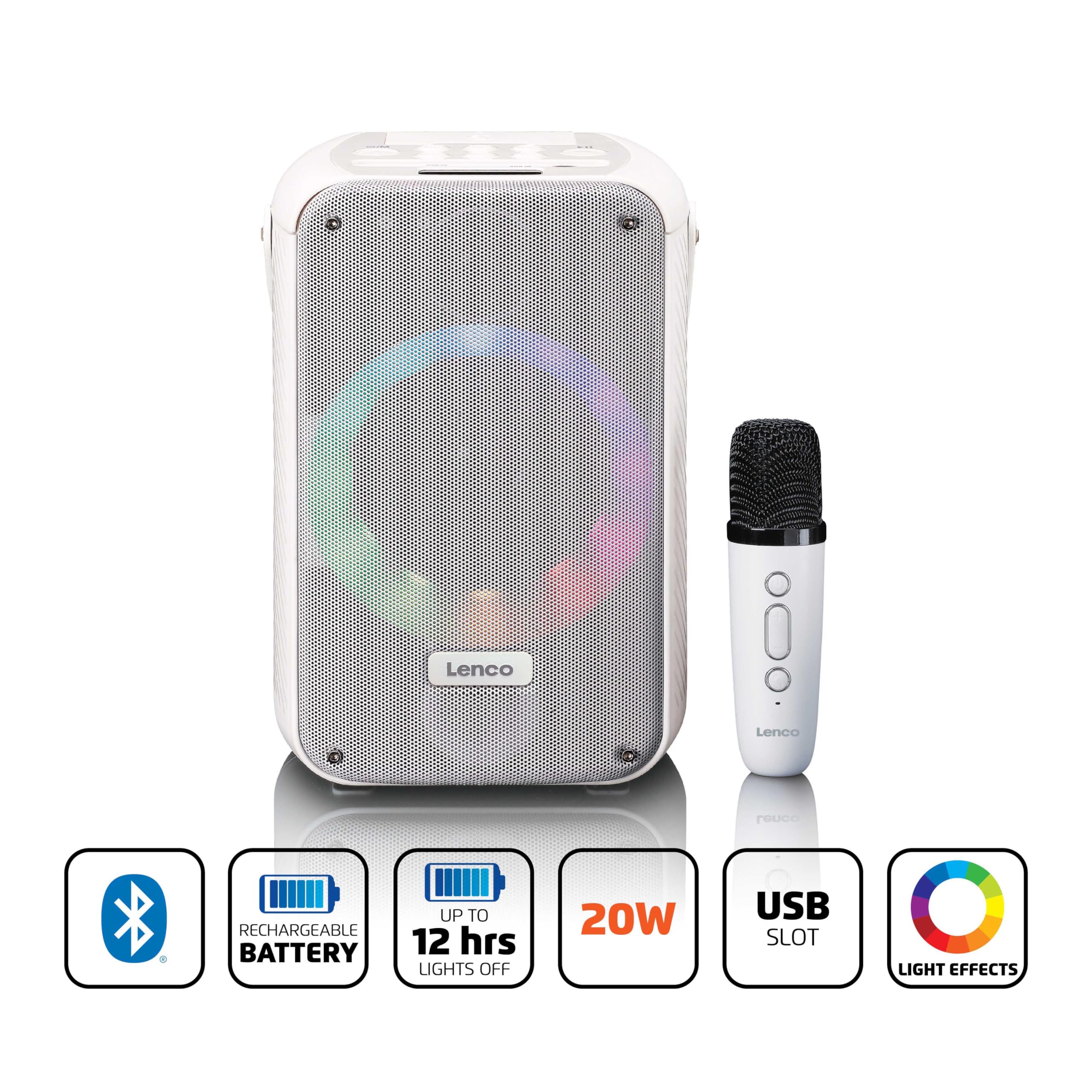 Lenco BTC-060 przenośna maszyna do karaoke, Bluetooth 5,2 – 20 W, RMS – 2 głośniki – mikrofon – pilot zdalnego sterowania – wbudowany akumulator – efekty świetlne – kolor biały