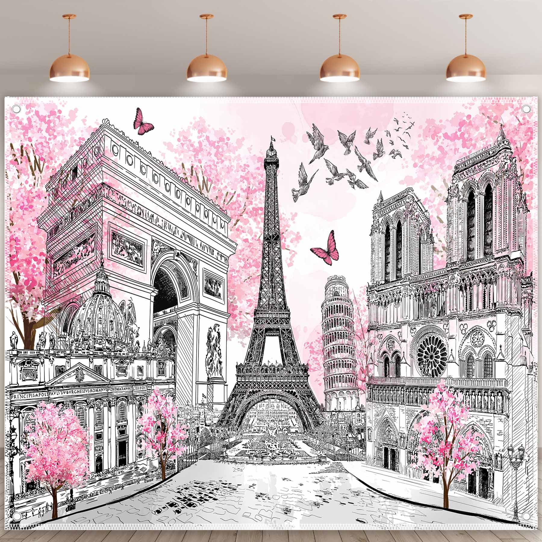 Swepuck 10x8ft Fabric Eiffel Tower Backdrop Paris Landscape Photography Background European City Pink Flowers Trees Party Decorations Photo Booth Props