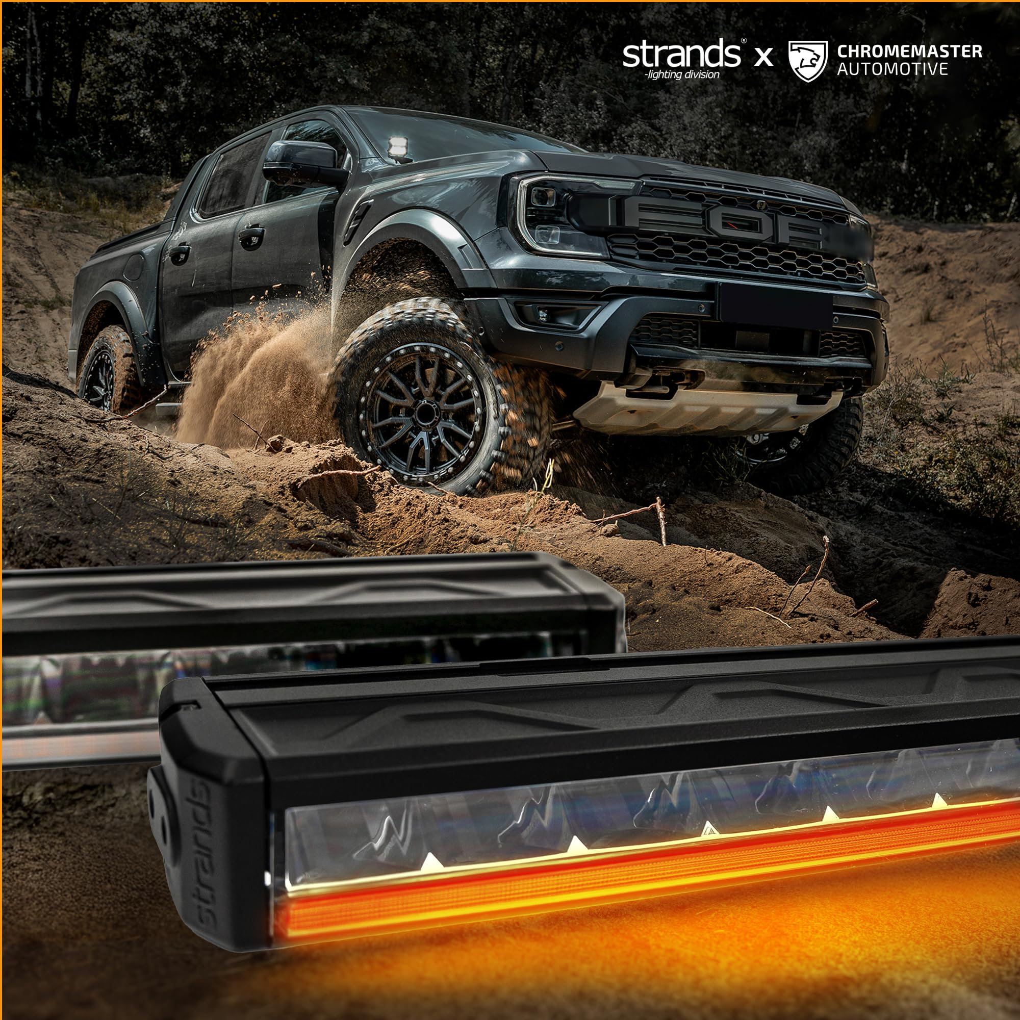 CHROMEMASTER | Due Luci LED Integrate nella Griglia Compatibili con Ford Ranger Raptor 2022+ ; 2x Luci Diurne a Barra LED Strands Firefly 10’’; Omologazione E, 12-24V DC; 3 Modalità di Illuminazione
