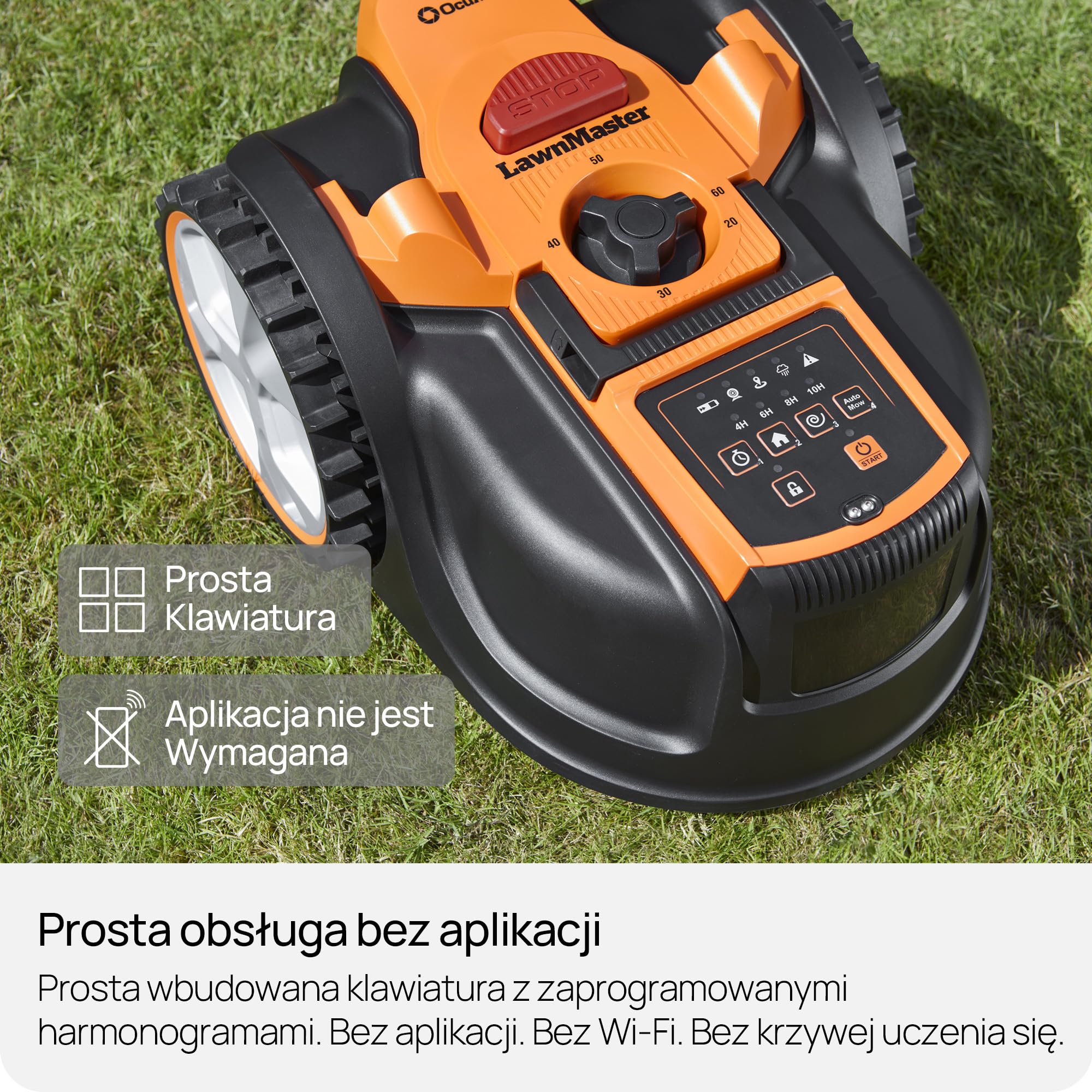 Lawnmaster OcuMow®16 kosiarka automatyczna, bez kabla ograniczającego, do 300 m², inteligentne unikanie przeszkód, inteligentne unikanie przeszkód, nawigacja optyczna, stacja ładująca samochodowa