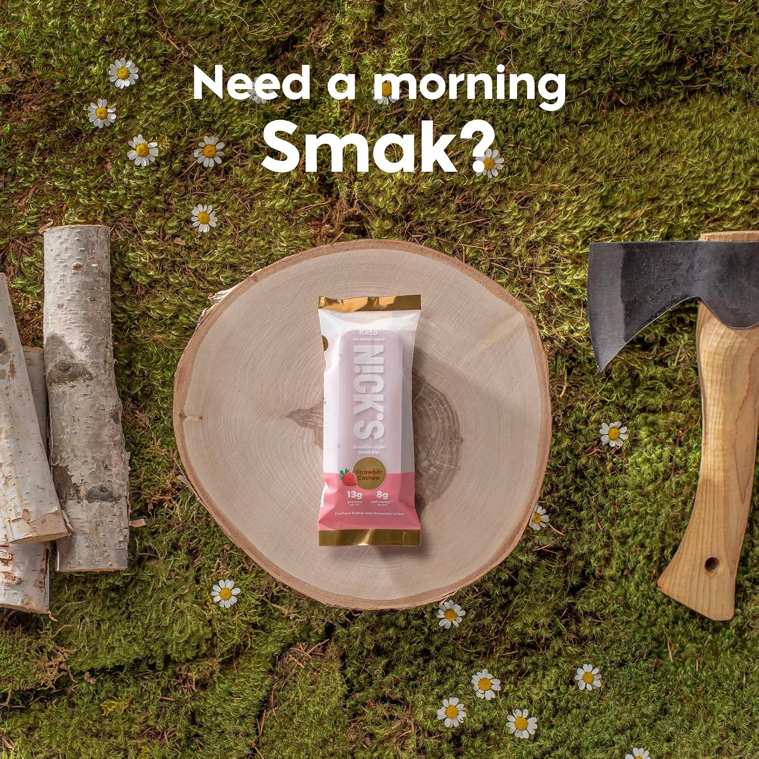Nick's Smak Bar, Strawberry Cashew, Protein Bar,Eat Cold, No Added Sugar, Protein Keto Snack, 14g Protein, Healthy Snack Bar 8 ct