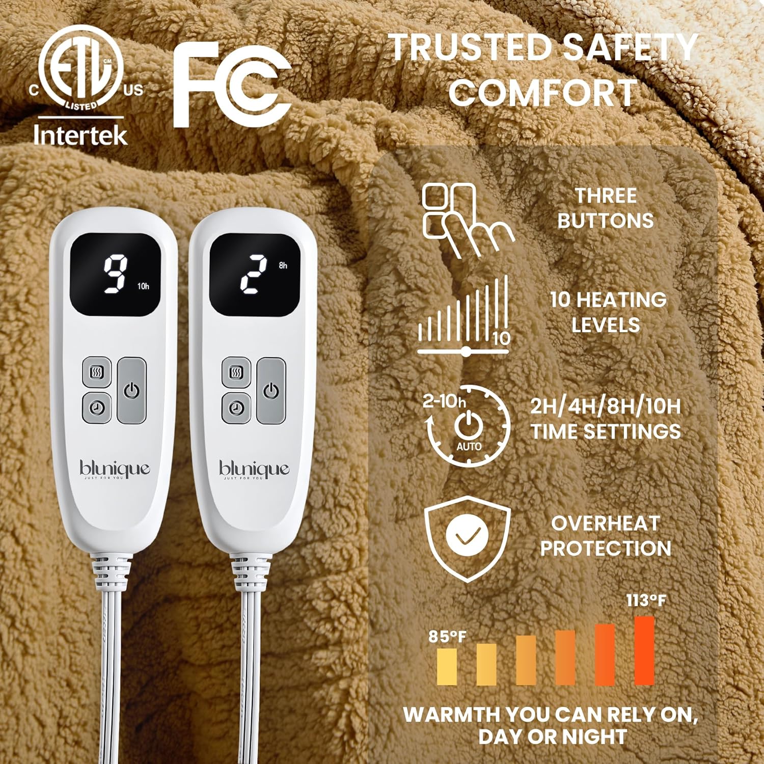 Heated Blanket Electric Blanket Queen - Fast Heating Blanket Throw Dual Controllers Double Sided Sherpa with 10 Heating Levels & 2-10 Hours Auto Off, Mashine Washable, 84 x 90 Inches, Camel - Image 4