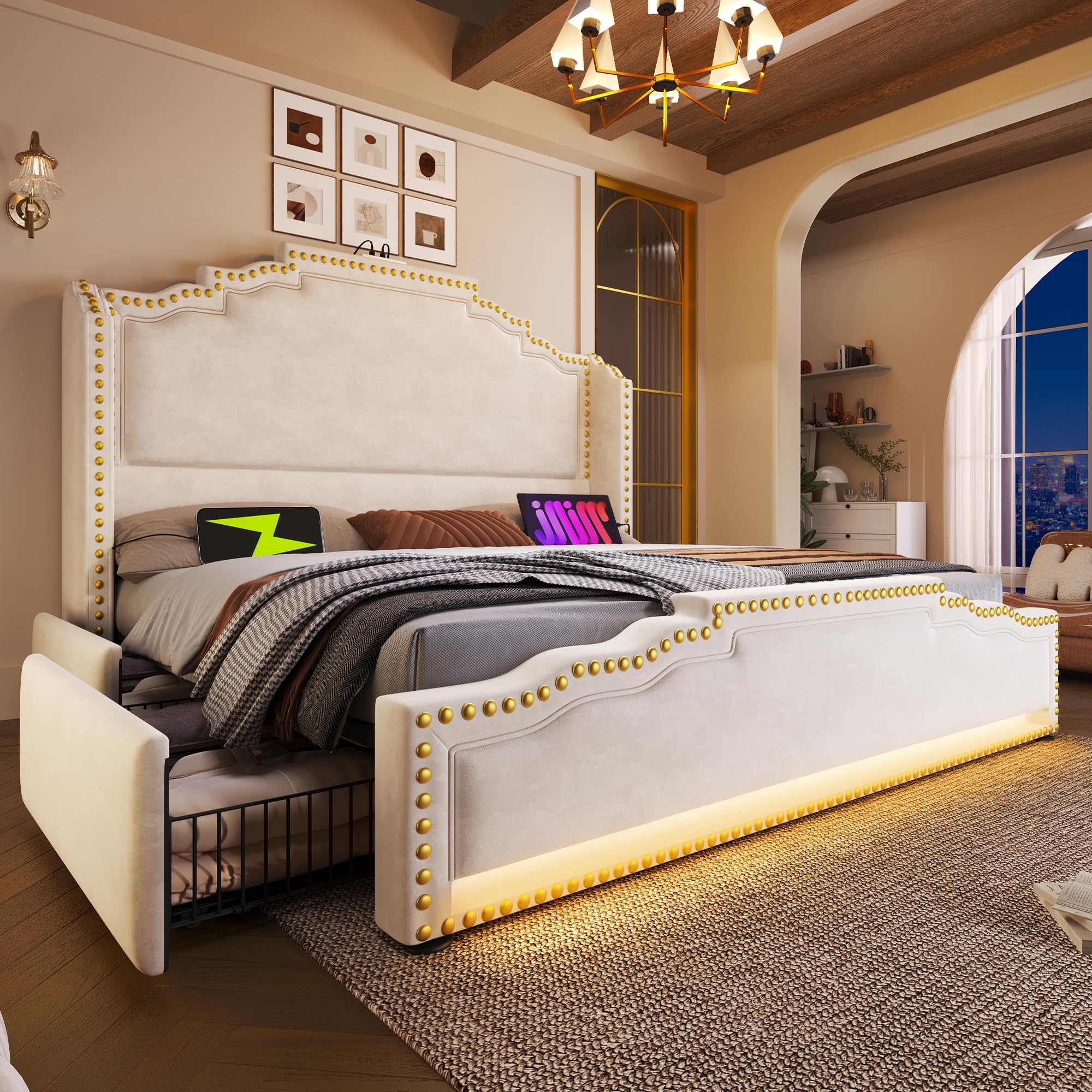 Łóżko tapicerowane 180 x 200 cm, podwójne łóżko z 4 szufladami i oświetleniem LED, przyłącze ładowania USB-C, łóżko do przechowywania ze stelażem, aksamitne beżowe