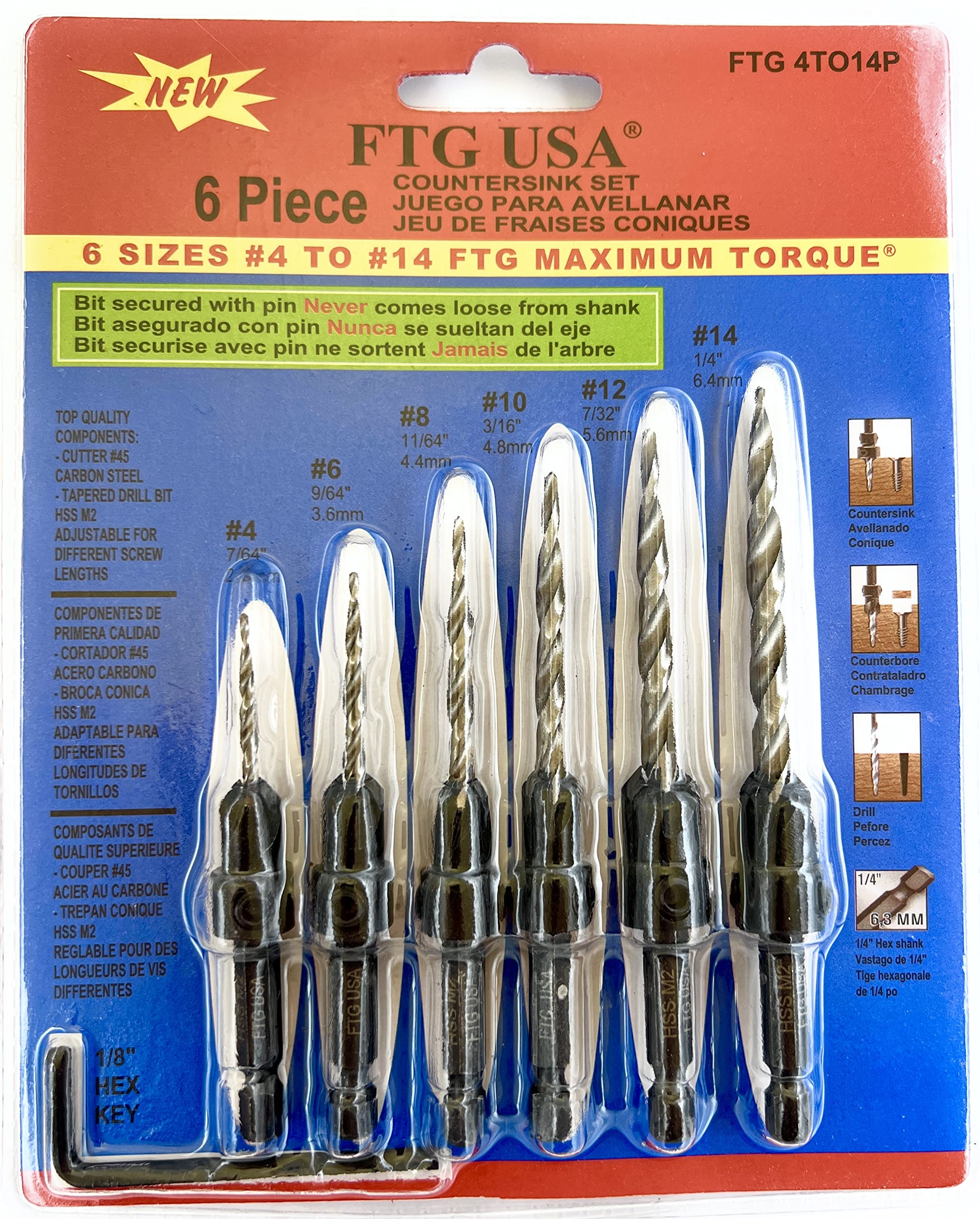 FTG USA Juego de brocas avellanadas ajustables para madera, 6 tamaños #4 a #14 con brocas cónicas
