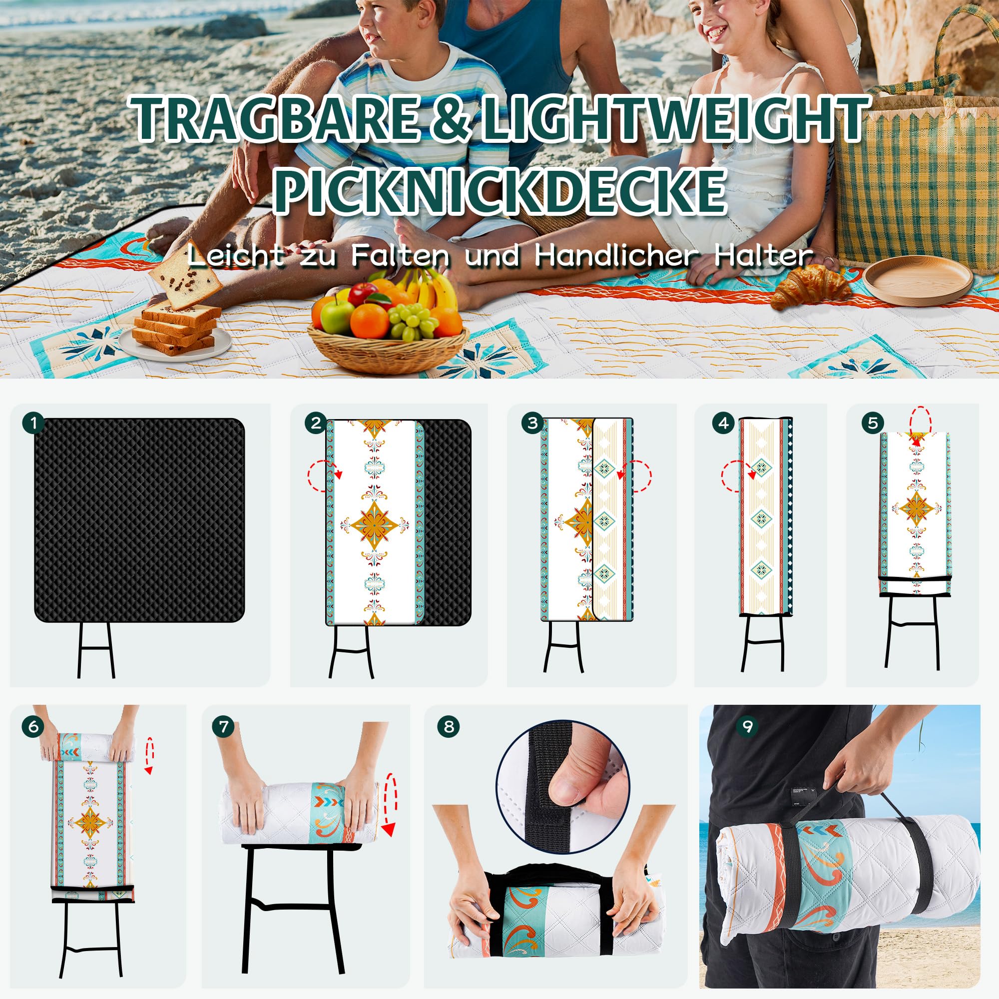 Coperta da Picnic Impermeabile 200x200cm XXL Senza Sabbia Pieghevole per Spiaggia Campeggio (Verde)