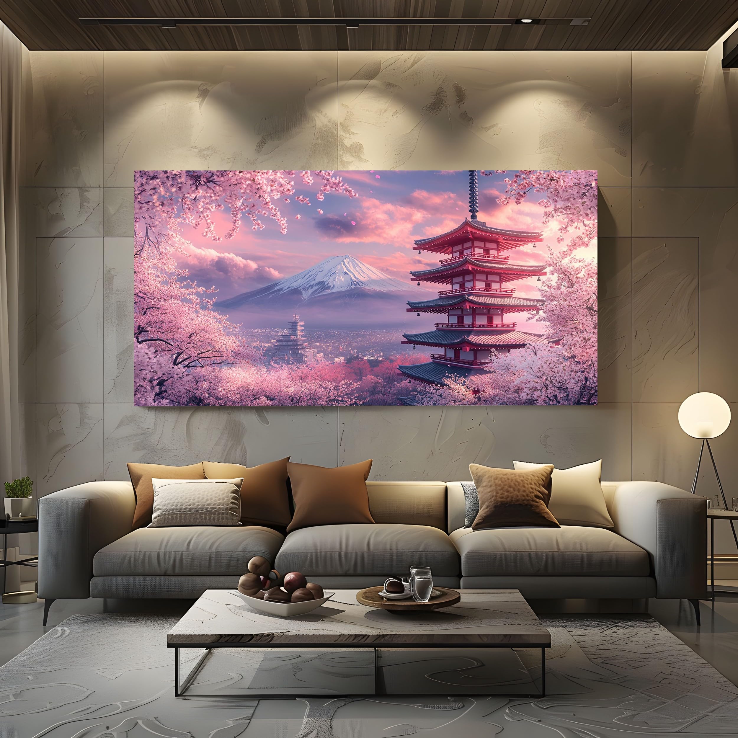 ZORYAN Japanese Style Cherry Blossom Pictures Wall Art for Living Room Landscape Mount Fuji Large Canvas Prints for Hallway Decor Asian Pagoda Artwork for Bedroom Frameless 80x160cm
