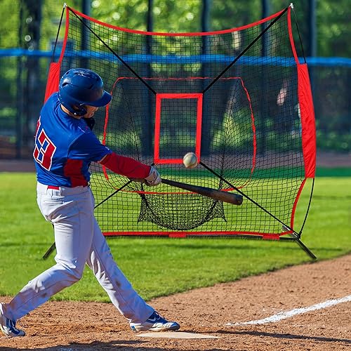 Miniatura 10 de F2C Red de práctica de béisbol y softbol de 7 x 7 pies, red portátil de lanzamiento con objetivo de zona de ataque, marco de arco y bolsa de