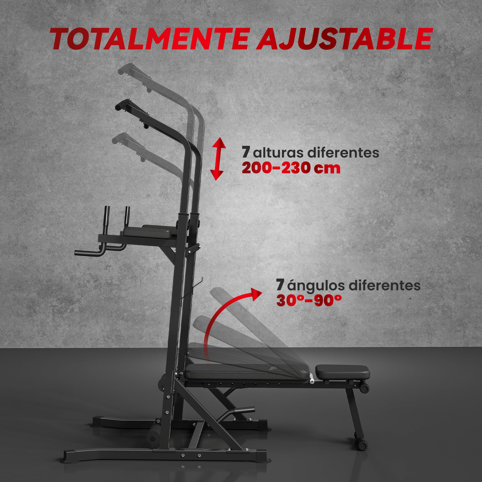 HOMCOM Estación de Musculación Torre de Entrenamiento Altura Ajustable con Barra de Dominadas y Banco Plegable para Fitness en Casa Gimnasio Carga 150 kg 99x178x230 cm Negro
