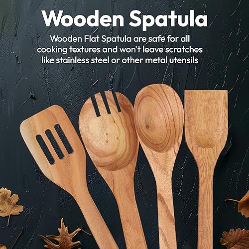 Vista 7 de Ajuny Cucharas de madera para cocinar, 6 piezas, espátula de madera antiadherente, herramientas duraderas para cocinar y servir, mango plano