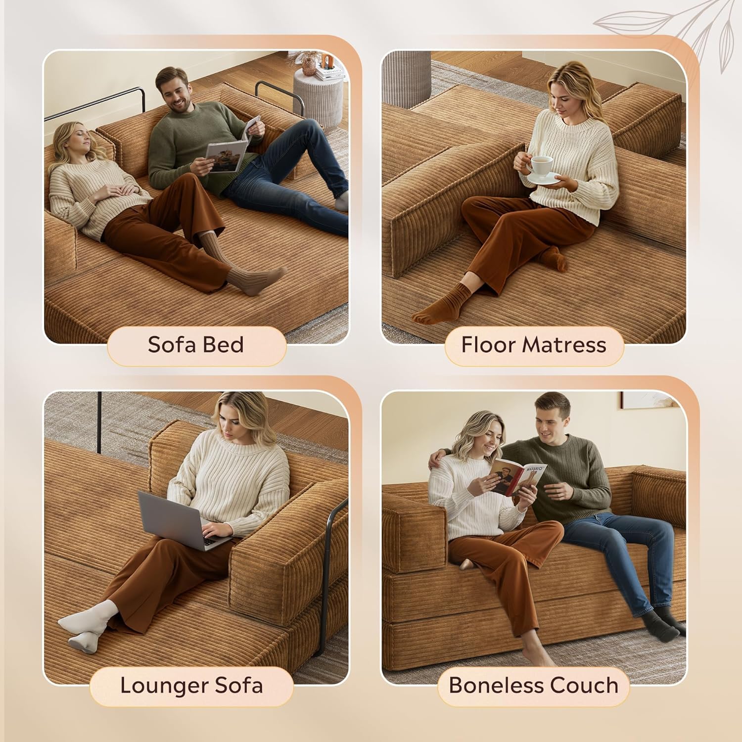 WLIVE 87'' Futon Sofa Bed, Convertible Sleeper Sofa, Folding Pull Out Couch Boneless Mattress with Fixed Frame, Corduroy, with Storage Pocket, Brown