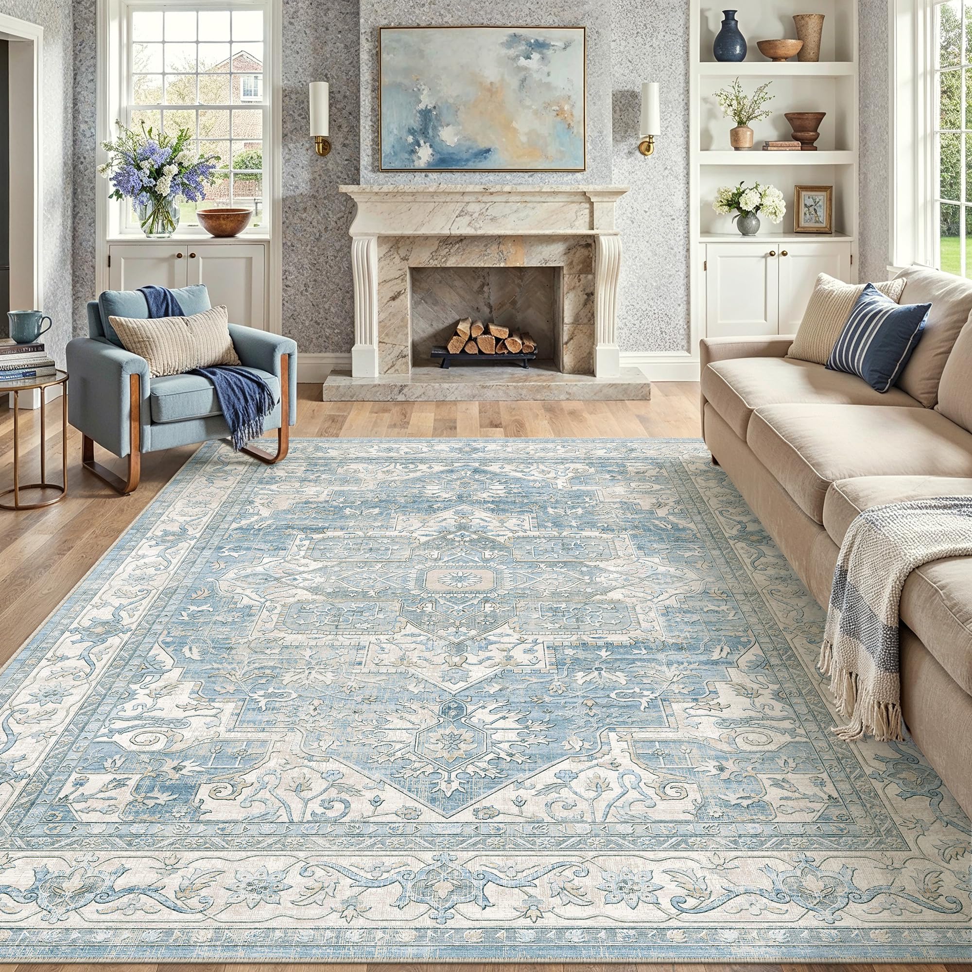 PureCozy Vintage Blue Rugs Living Room Area Rug 200x300cm Washable Non Slip Carpet Bedroom Bedside Office Kitchen Dining Room Indoor Low Pile Soft Large Retro Carpets โ image 1
