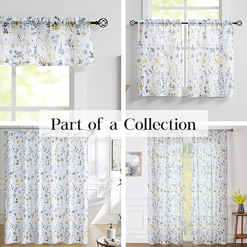 Miniatura 6 de Fragrantex Cortinas traslúcidas de acuarela floral amarillo y gris, 84 pulgadas de largo para sala de estar, estampado botánico, tela texturizada de