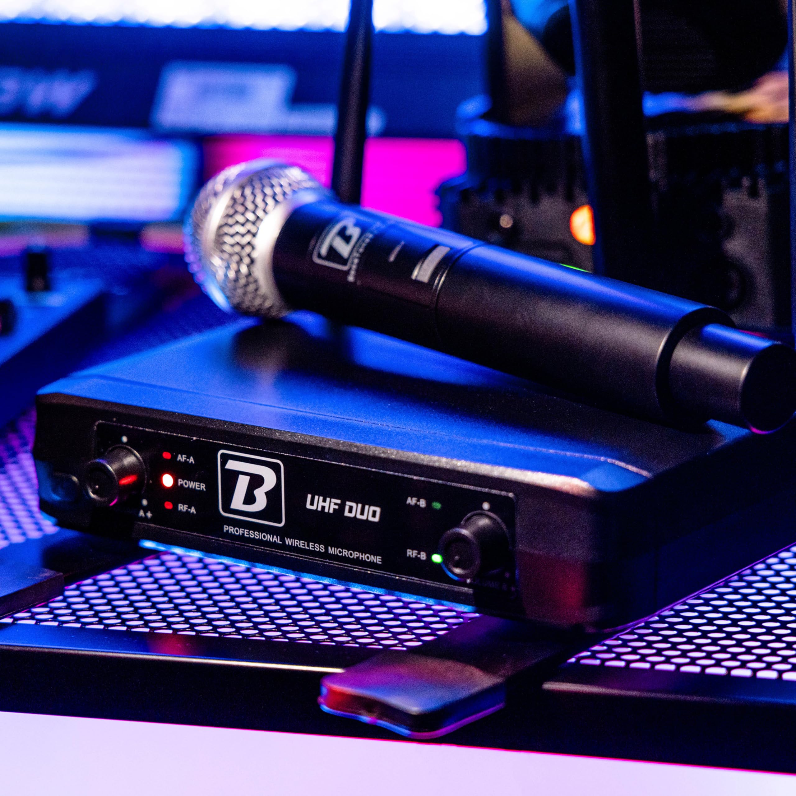 BoomToneDJ UHF Duo - Système Complet micros sans Fil UHF - 2 Microphones dynamiques Main - Double Canal - 663.5 et 682.2 MHz. Idéal pour Chant, Discours, Karaoke, Animation.