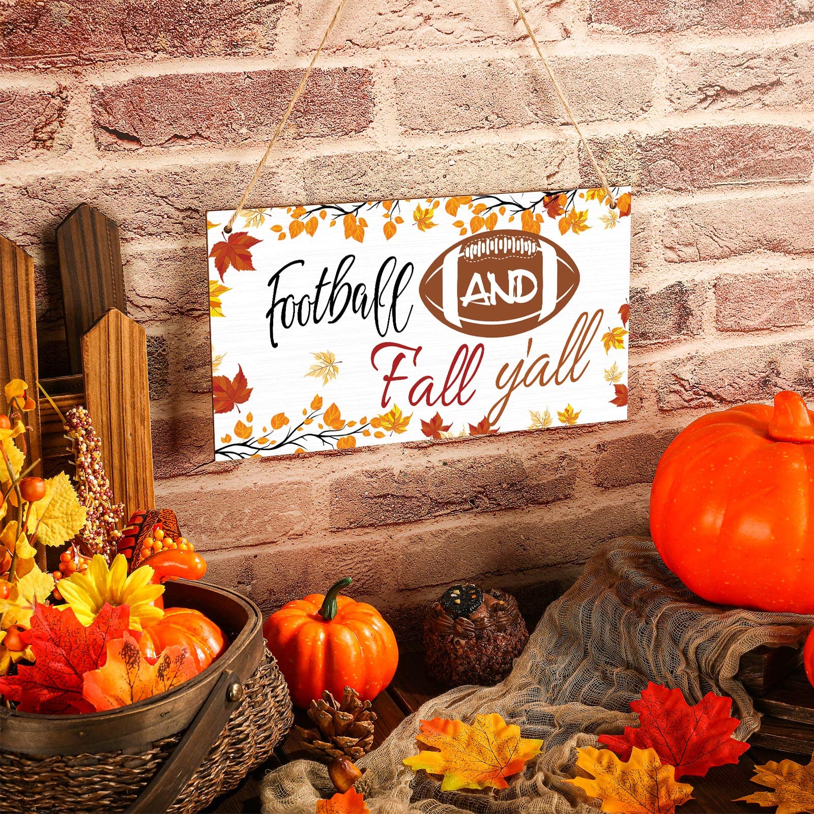 Football and Fall Y'all Wood Sign Farmhouse Wall Decor Fall Door Hanging Small Rustic Decor Autumn Porch Decor for Home Living Room Front Door Garden Harvest Thanksgiving Halloween