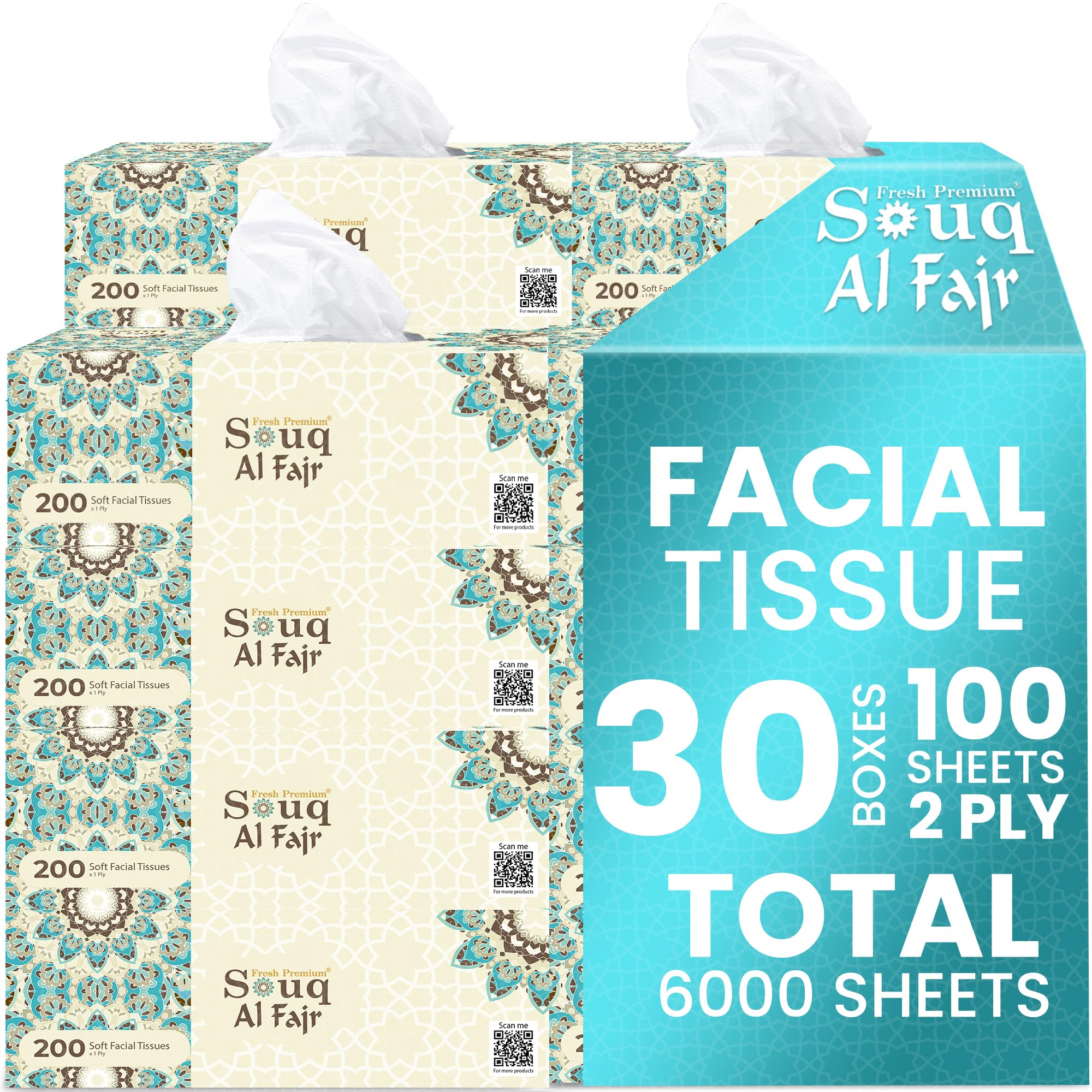 Packing Pack Of 30 Souq Al Fajr Facial Tissue (200x1) Ply Premium Tissue, Ultra Soft, Comfort, Daily Care, White Tissue - Sterilized Germ Protection Tissues For Home & Office Use