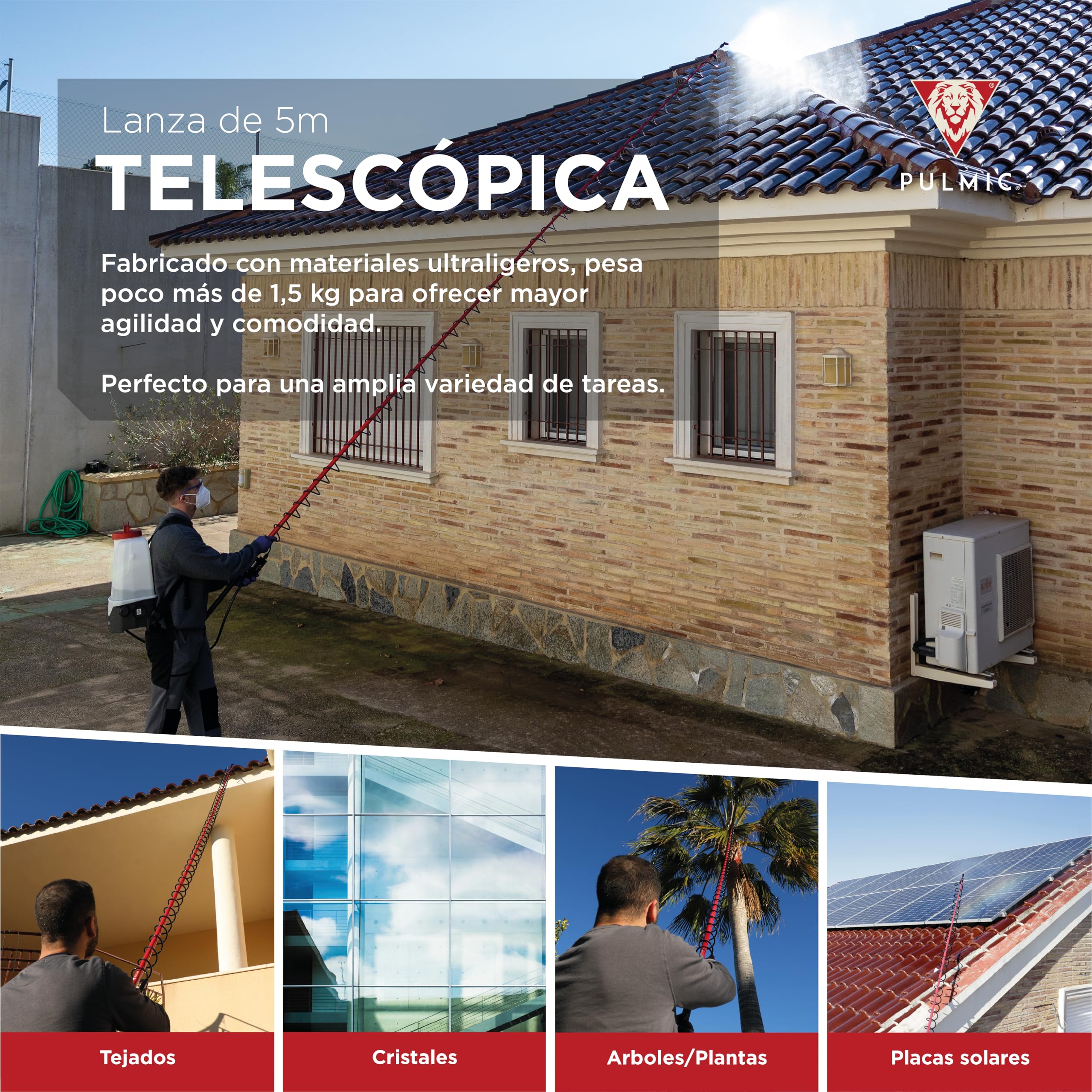 PULMIC Lanza Telescópica Pulverizador 5 Metros. Ergonómica. Extensible. Profesional. Ajustable hasta 5m. Aplicaciones en Altura. Ultra Ligera. Compatible con cualquier sulfatadora para fumigar.