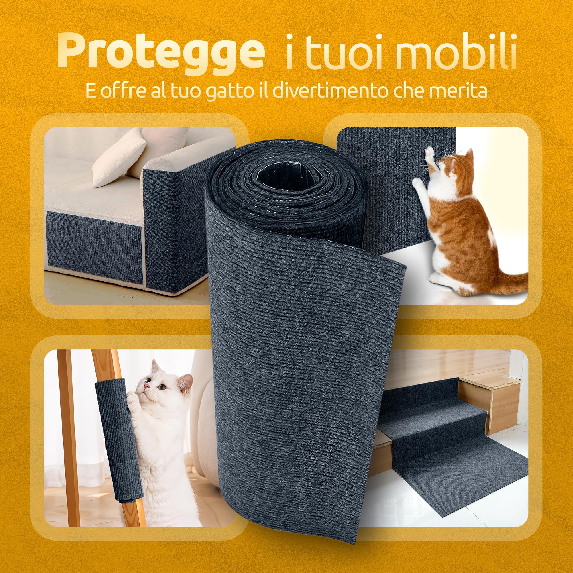 Tappeto Tiragraffi per Gatti Grandi e Piccolo 300x40cm XL Autoadesivo, Grigio Bluastro, Protezione Divano e Mobili con Giocattolo - Tiragraffi Per Gatti Adulti Xxl - Protezione Divano Graffi