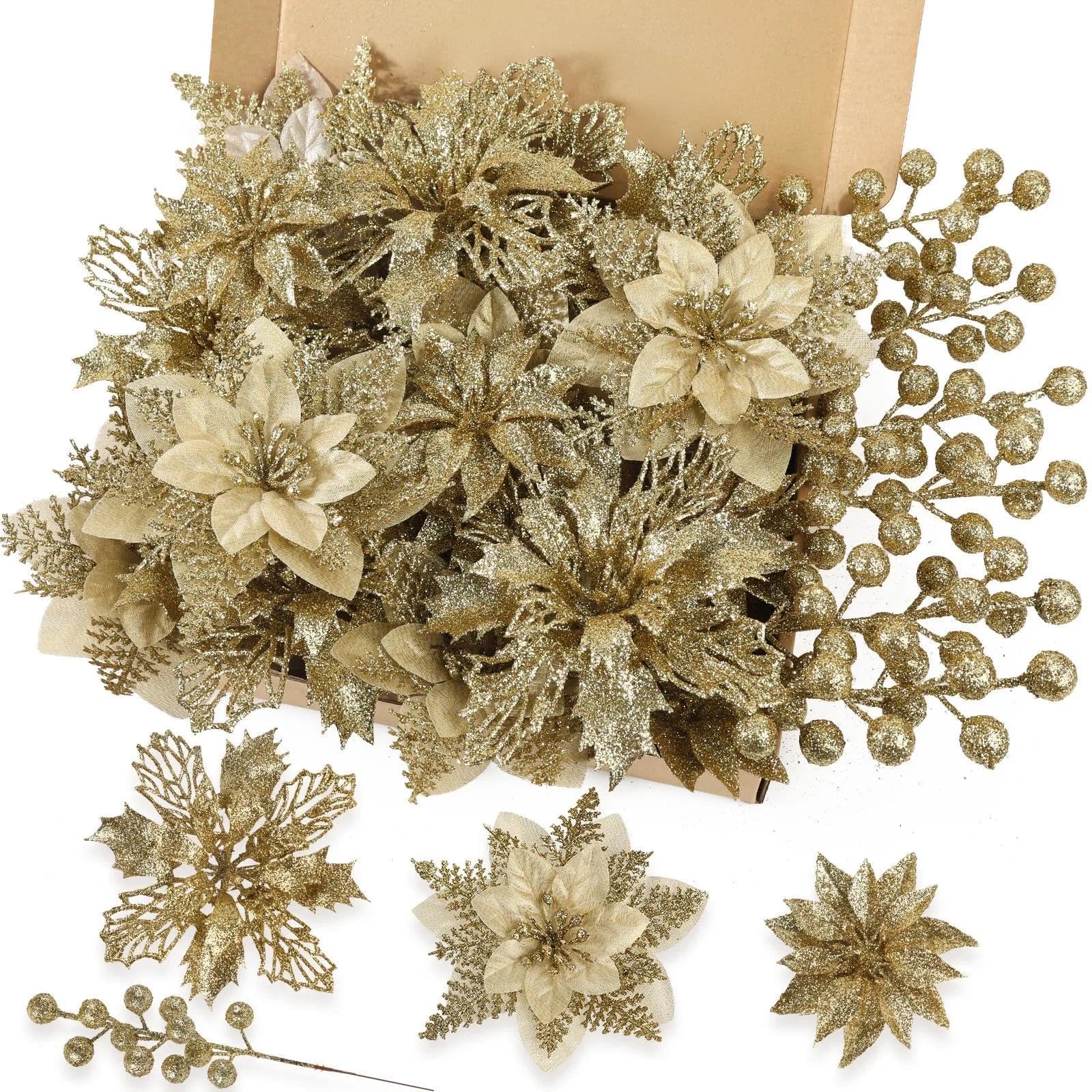 N&T NIETING 24Pcs Christmas Glitter Artificial Poinsettia Flowers, Gold