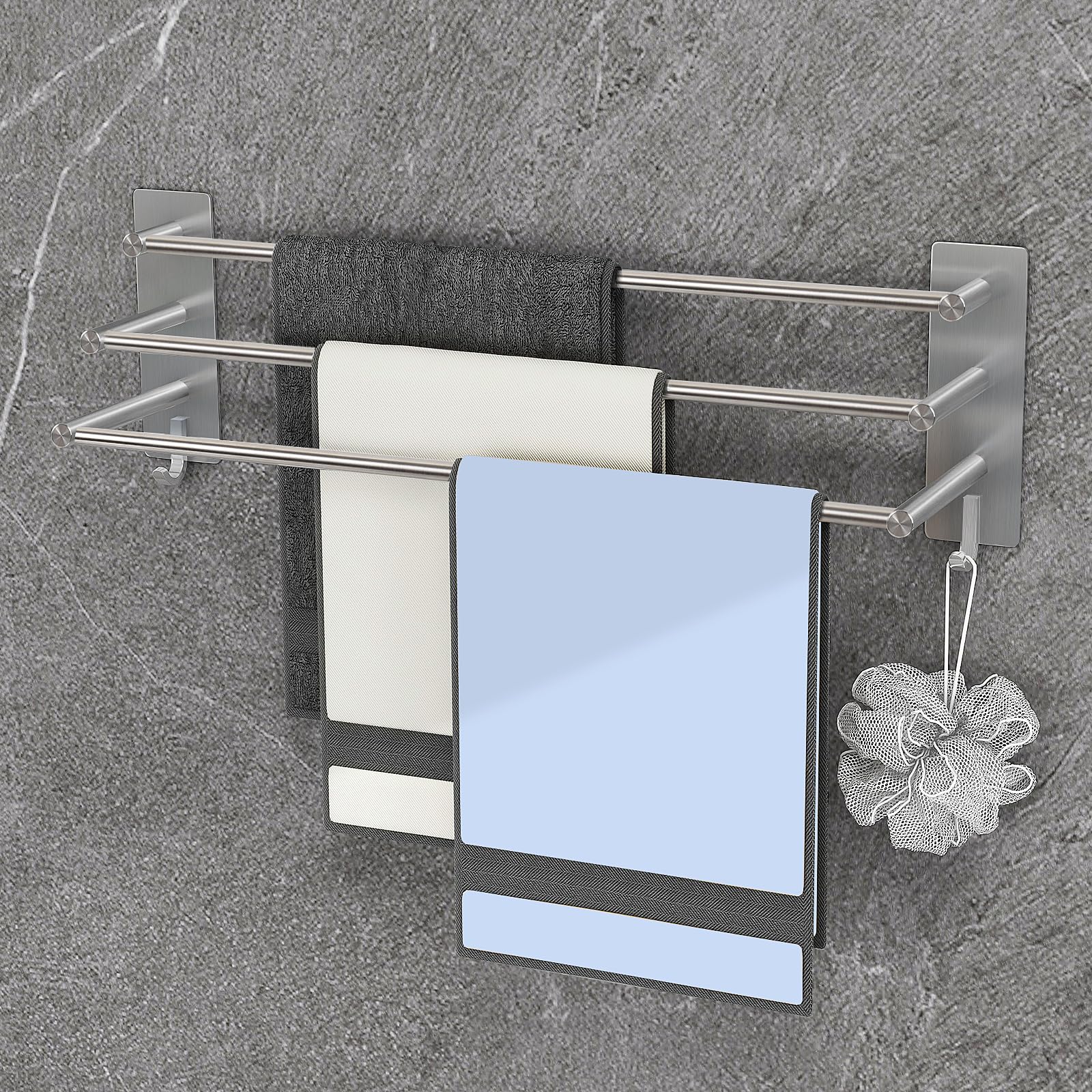 Vista Toallero autoadhesivo 3 barras 60 cm SUS304 acero inoxidable | Toallero sin taladrar plata con dos ganchos toallero para cocina, baño, dormitorio