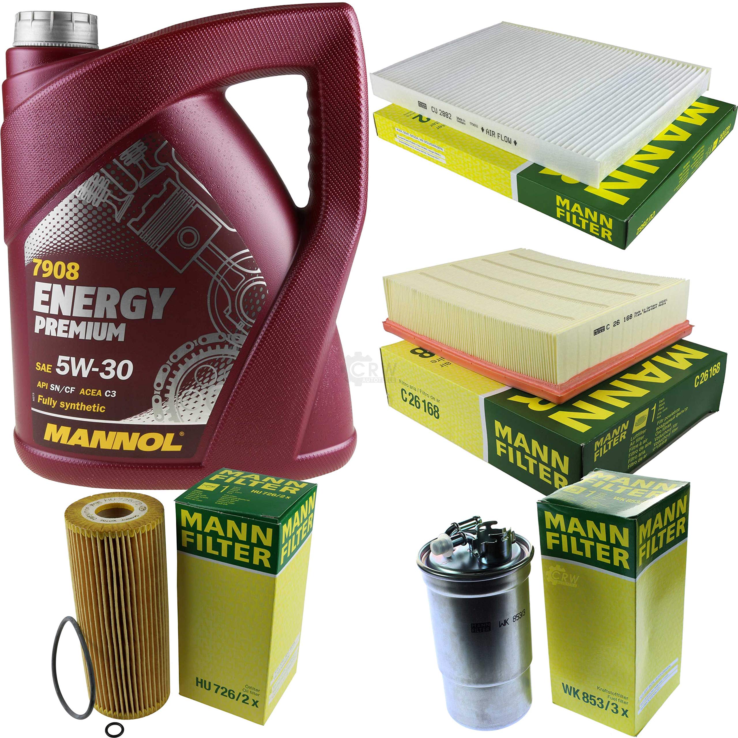MANNOL - Set di filtri da 5 litri, olio motore Energy Premium 5W-30 API SN/CF MANN-FILTER filtro dell'aria abitacolo filtro olio filtro olio filtro carburante