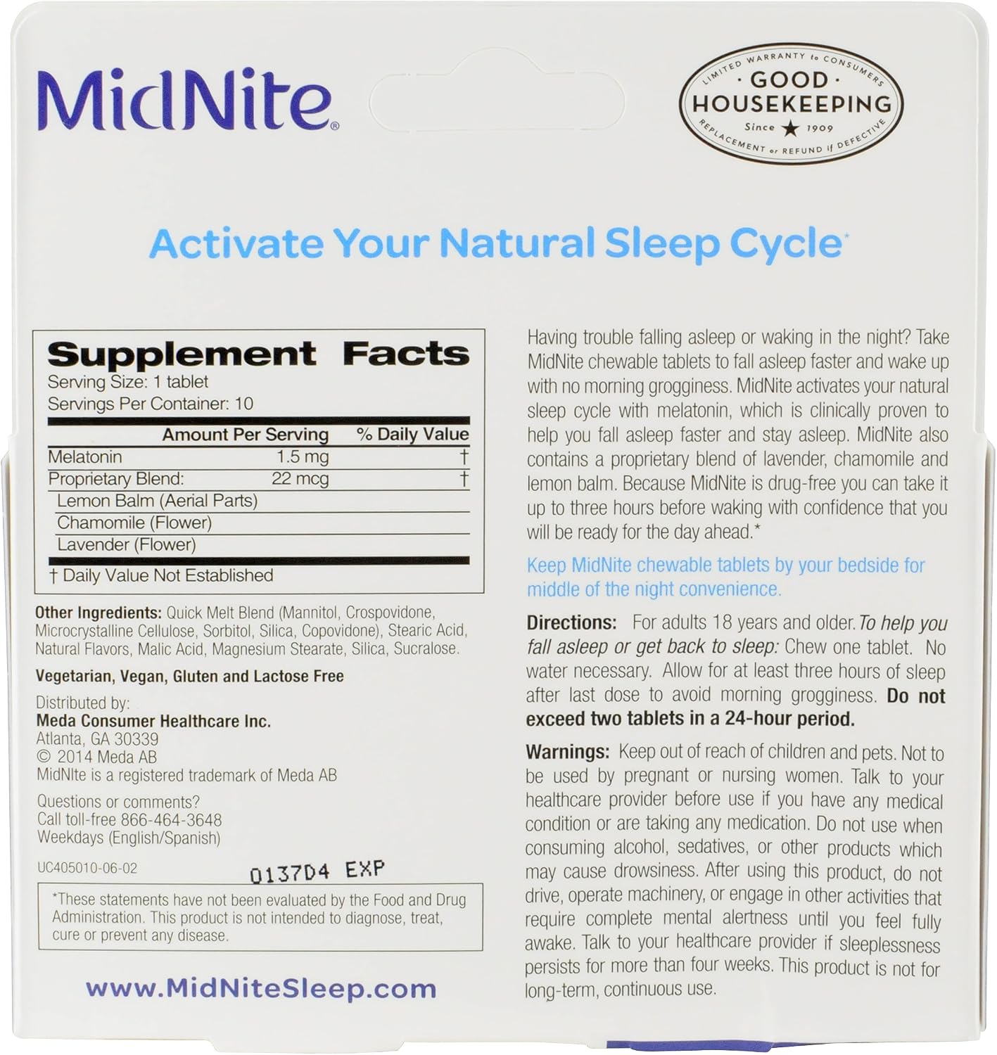 MidNite Drug-Free Sleep Aid, 10 Chewable Cherry Flavored Tablets, Dietary Supplement with Melatonin & Herbs