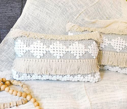 Juego de 2 fundas de almohada lumbar decorativas bohemias de 12 x 20 pulgadas, tejidas a mano con flecos, de algodón, lindas fundas de almohada