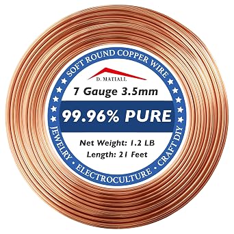 Copper Wire 99.95% Pure 7 Gauge 3.5mm 21 Feet, 1.2 Pound Spool C11000 Soft Copper Wire Craft Wire for Gardening, Electroculture, Jewelry Making, Beading, Ground Wire & DIY 7 Gauge, 1.2 LB