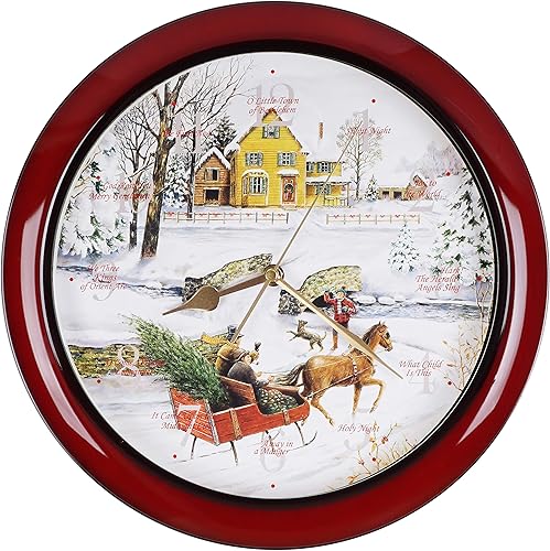 Miniatura 1 de JUSTIME Reloj de pared con melodía de trineo de 14 pulgadas, 12 canciones de villancicos, reloj musical de Navidad, reloj de pared con campanilla,