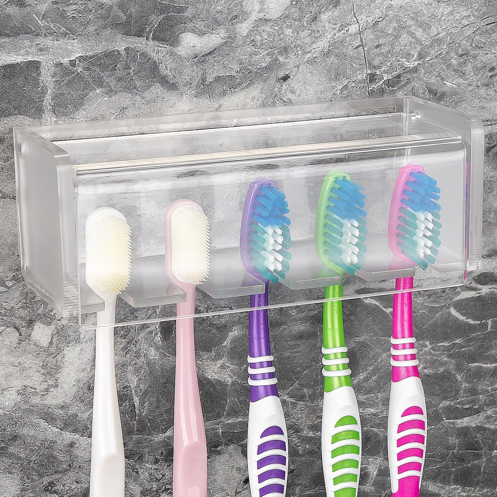 Soporte para cepillo de dientes de pared con 5 ranuras, organizador de almacenamiento autoadhesivo para ducha, colgador de cepillos de dientes para baño, botiquín, dormitorio (escarchado)