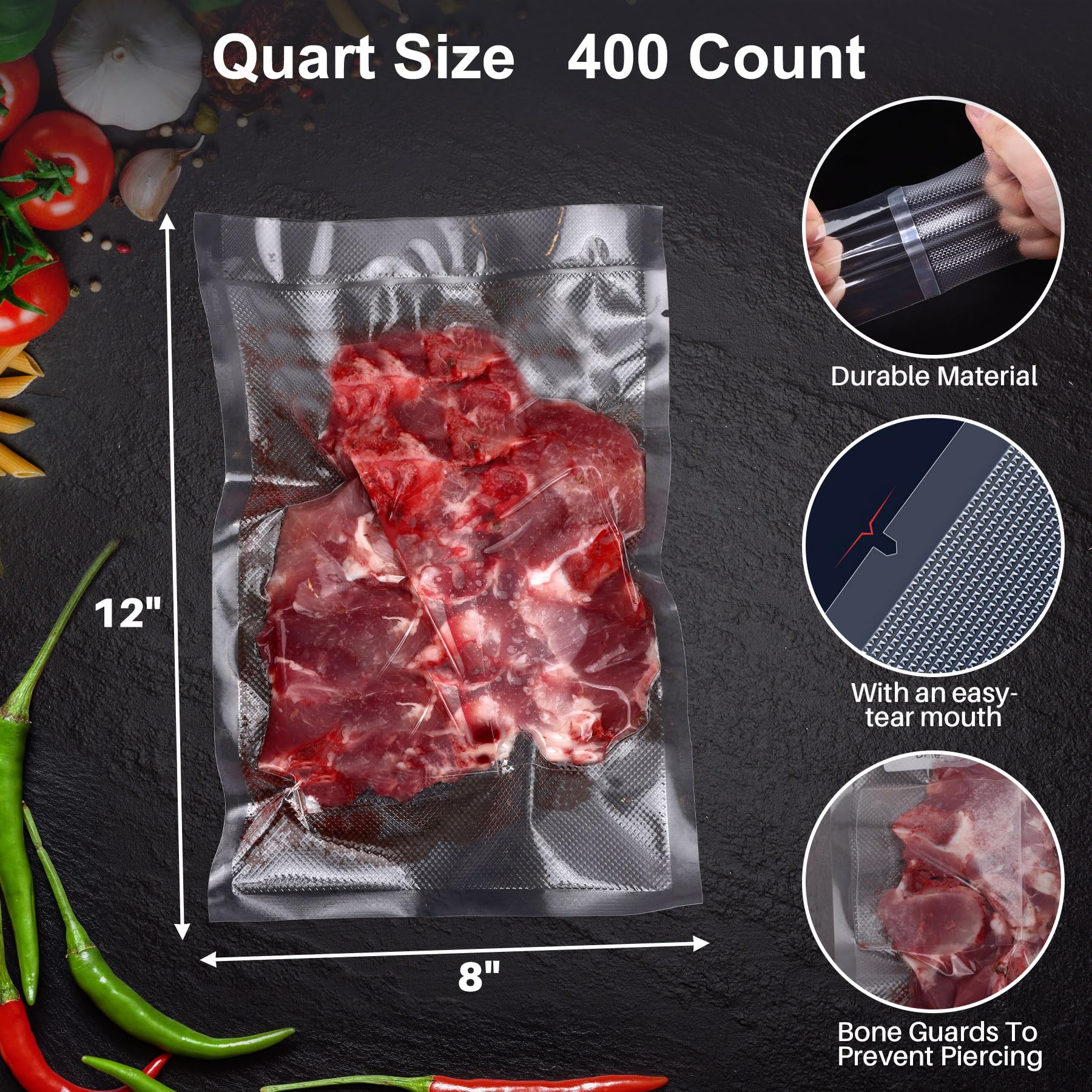 AENTGIU 400 bolsas de almacenamiento selladoras al vacío, bolsas de comida de 8 x 12 pulgadas, bolsas de cuarto de galón sin BPA, compatibles con todas las máquinas selladoras al vacío de calor,