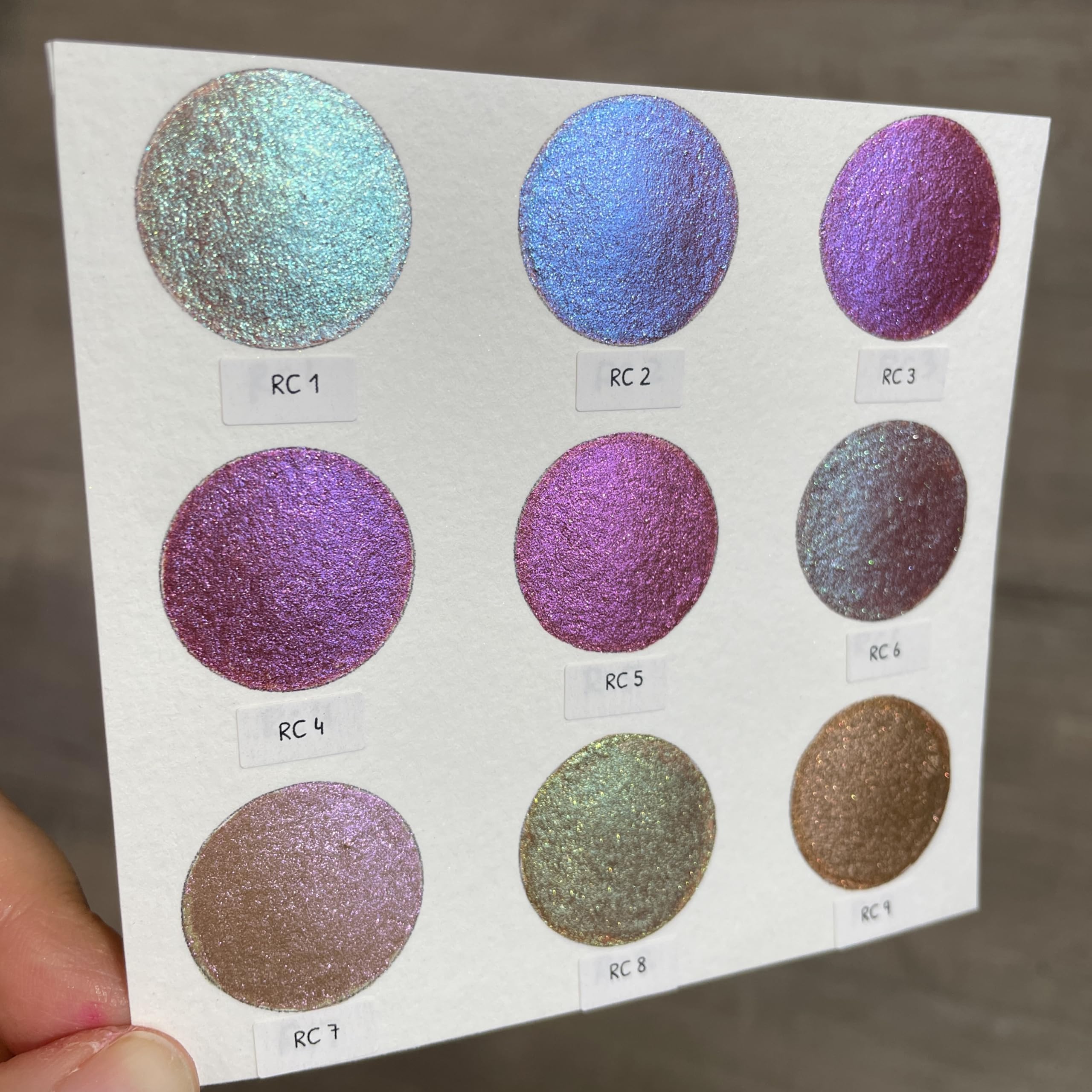 IUILE Ręcznie robione farby akwarelowe, testery kart kropek - karta RC Dot Card (9 kolorów). zmiana kolorów, metaliczny, błyszczący, połyskujący. Dla artystów, ilustratorów, studentów, hobbystów,