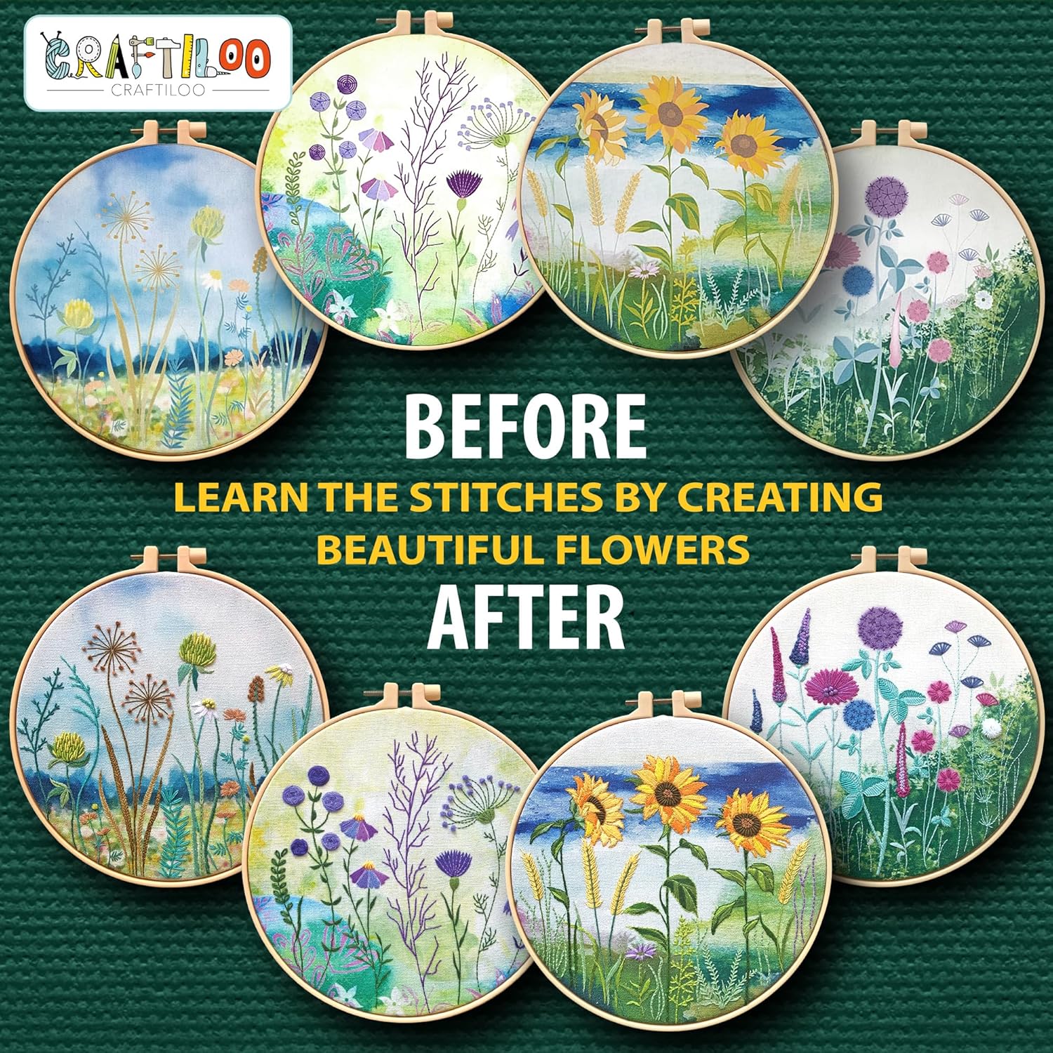 CRAFTILOO Embroidery Kit for Beginners Adults — 4 Floral Stamped Patterns, Learn 17 Stitches | Complete Needlepoint Kit with Hoop, Needles, Thread & Video Tutorial | Embroidery Kits for Adults Women