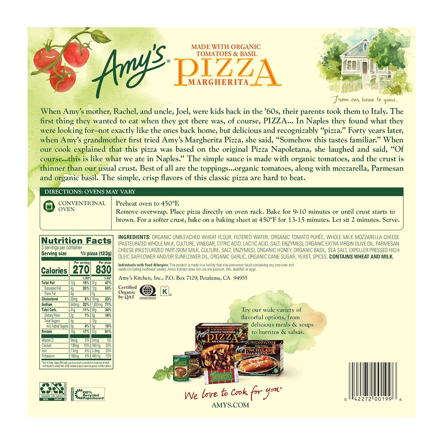 Amy's Frozen Pizza, Margherita Pizza, Made With Organic Tomatoes and Basil, Frozen Meals, 13.0 Oz
