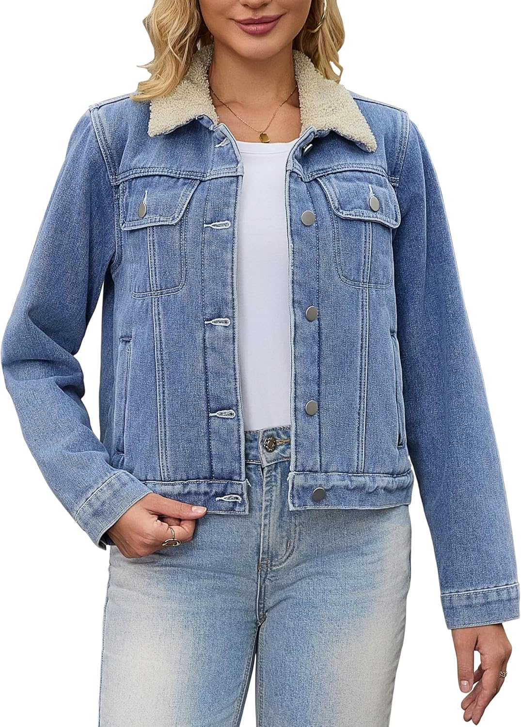 Women Denim Jackets Faux Fur Collar Fleece Lined Winter Thicken Denim Trucker Jacket