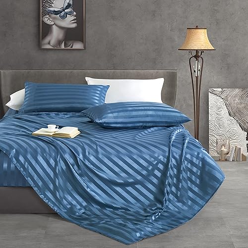 Miniatura 10 de Manyshofu Juego de sábanas de satén tamaño matrimonial de 4 piezas, suave y sedoso, juego de sábanas de satén negro refrescante y de lujo (1 sábana