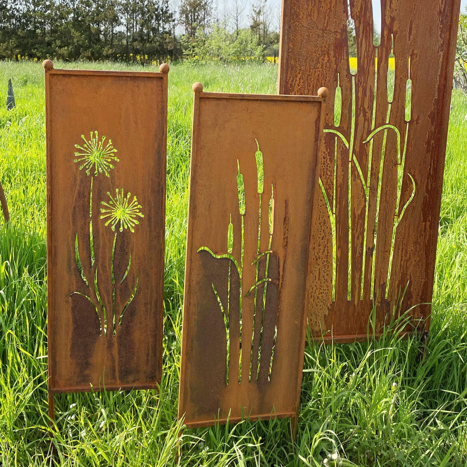 STEINFIGURENWELT GIEBEN Valla de metal oxidado con diseño de alio, 162 cm x 53 cm, ideal para colocar en el jardín, óxido