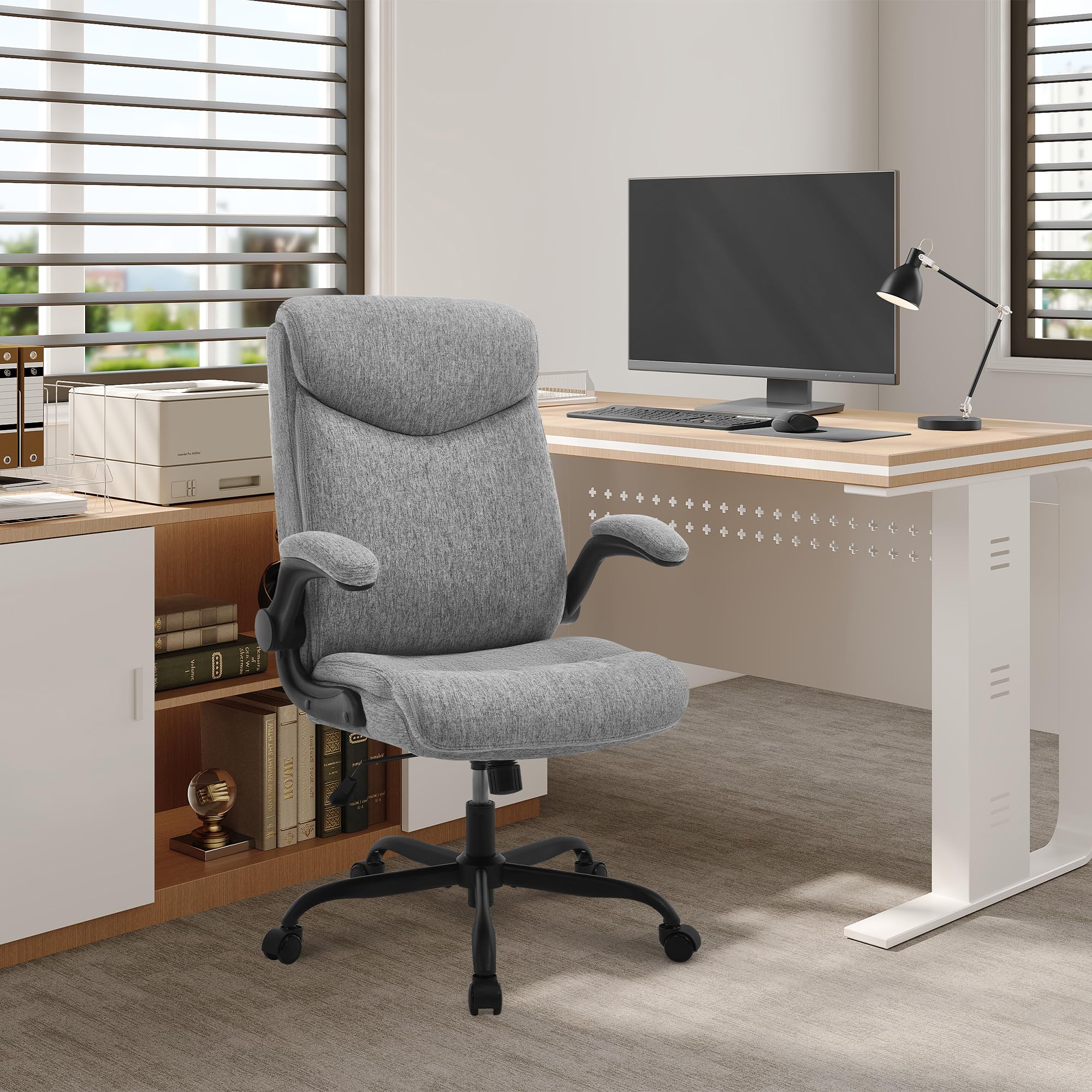 eSituro Poltrona Ufficio Ergonomica, Sedia Ufficio, Cotone Lino, Grigio | con Bracciolo Ribaltabile, Regolabile in Altezza