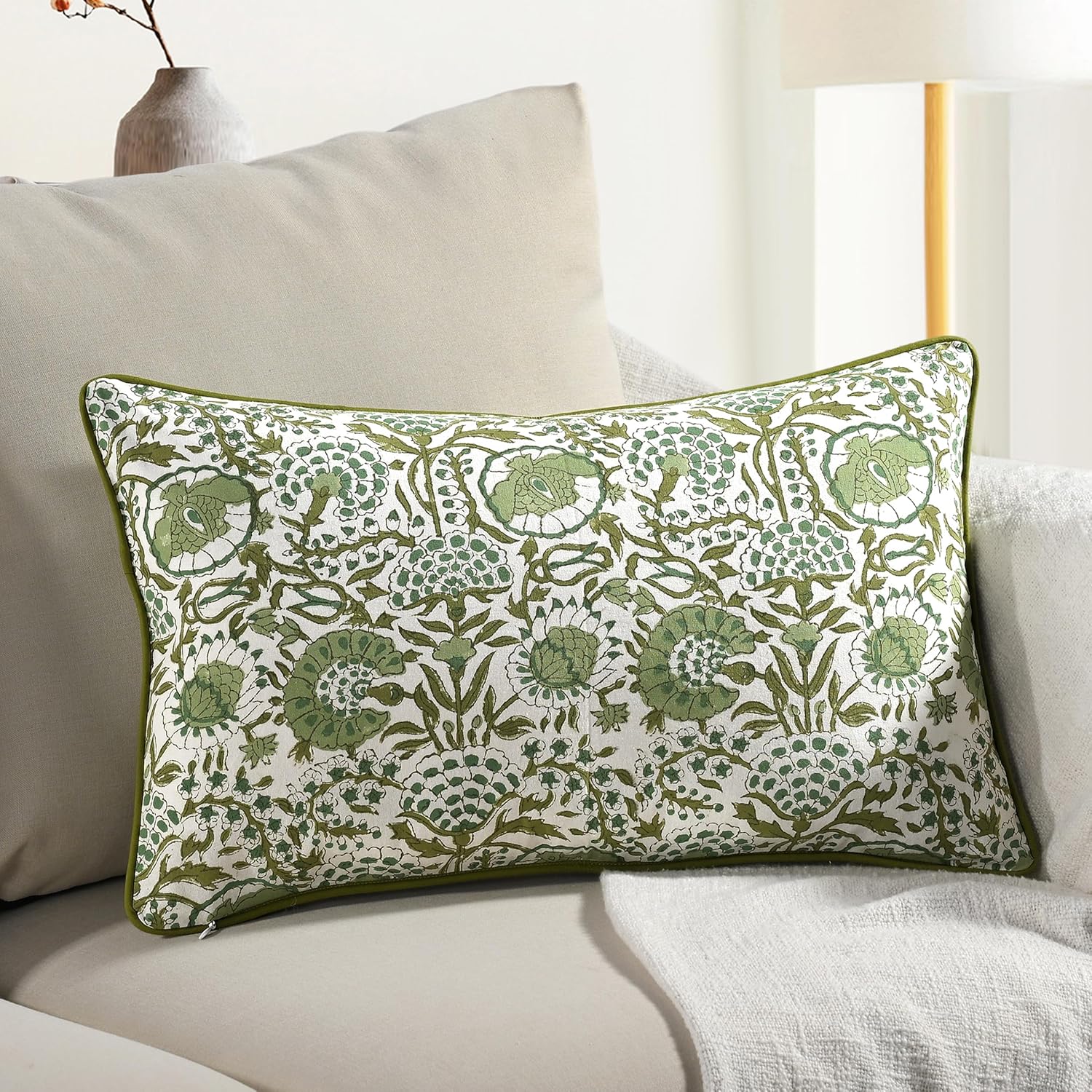 CPC Agate Green 100% Cotton Block Print Sham Cover 12x20 inch, Handmade Boho Floral Pillowcase, Farmhouse Cottagecore Bedding, Soft Decorative Cushion Cover Gift Spring, Mother's Day