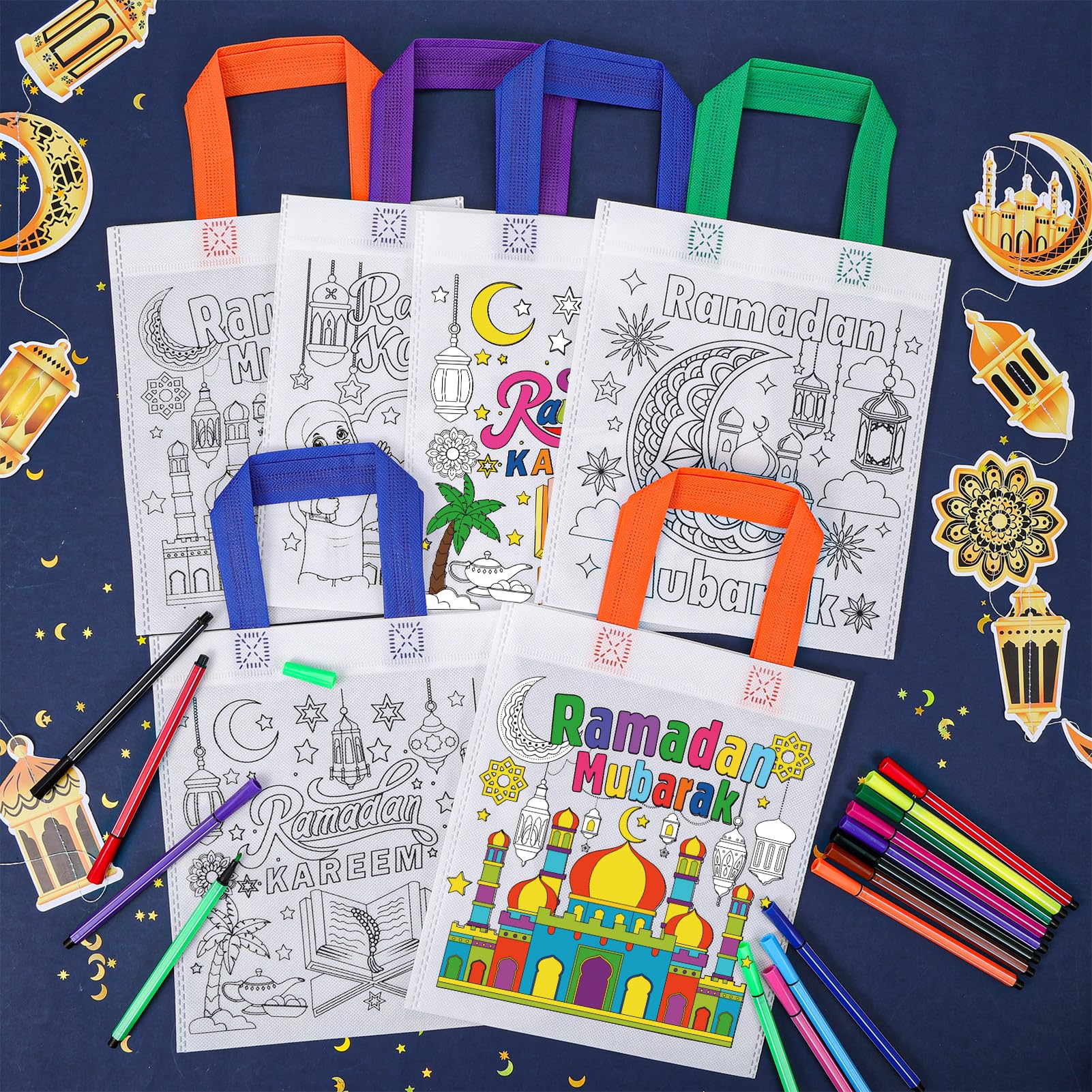HOWAF 12 Colour Your Own Ramadan Bags, DIY Graffiti Ramadan Gift Bags, Non-Woven Ramadan Mubarak Gift Bags - Image 4
