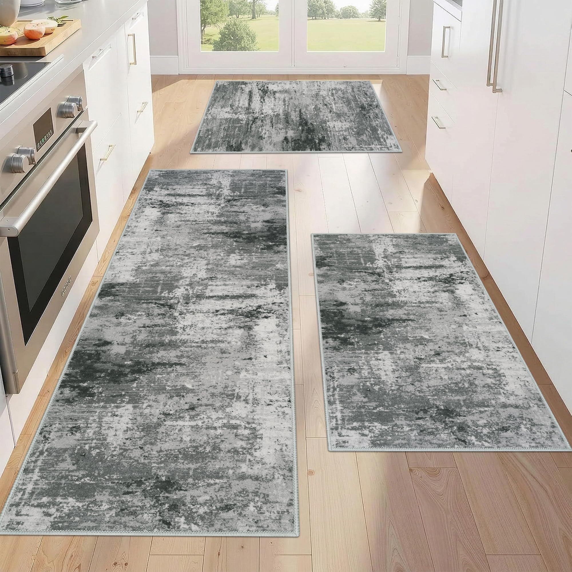 Edlbaegy 3 Pieces Kitchen Rug Runner Non-Slip Washable Kitchen Mat for Floor Modern Low Pile Carpet Runner for Entrance Door Hallway Laundry Grey 50x120cm+50x80cm+50x80cm