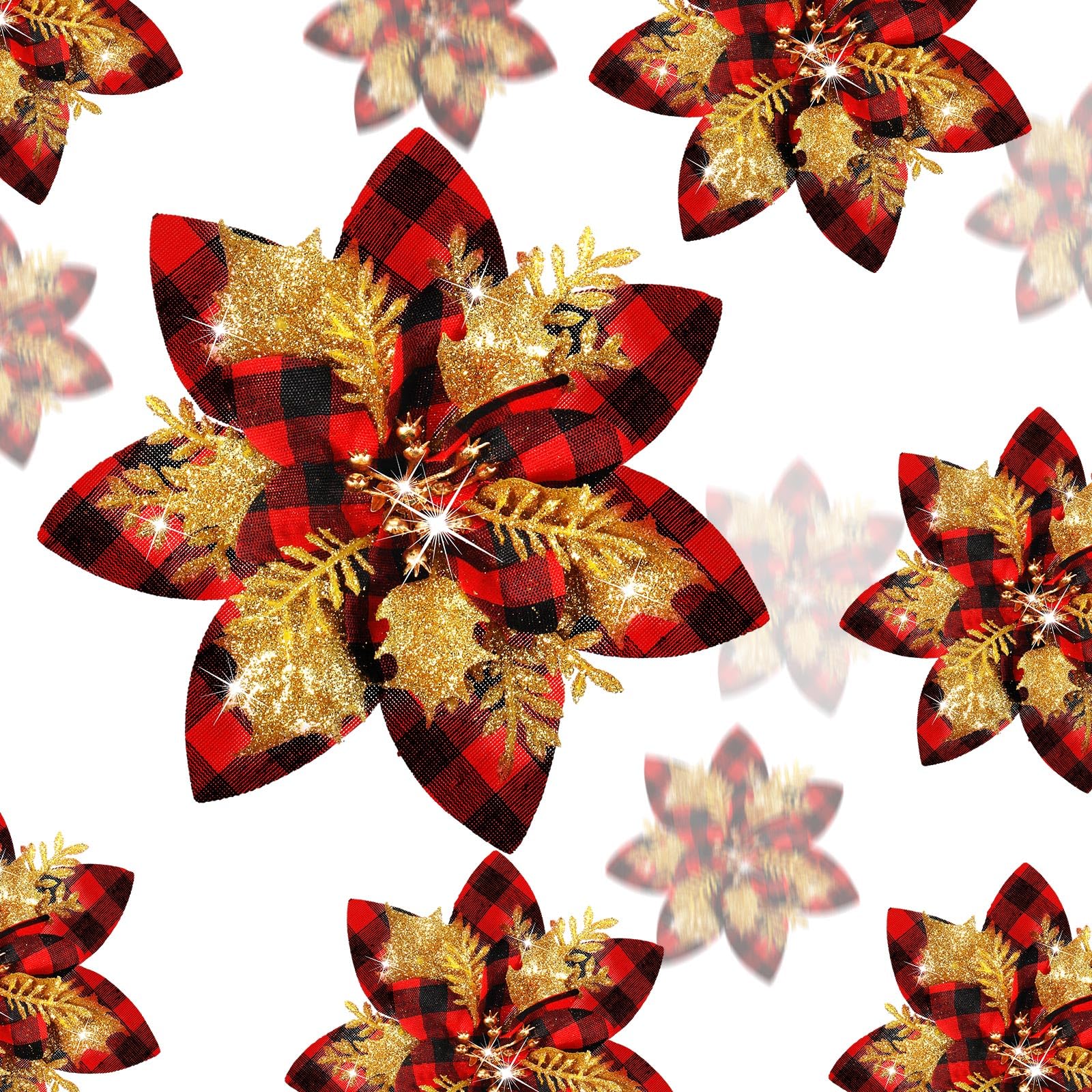 Fleurs de poinsettia artificielles pailletées Noël rouge noir doré x36