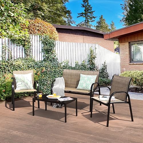 Miniatura 2 de Tangkula Juego de muebles de patio de 4 piezas, marco de metal resistente, incluye mesa auxiliar con parte superior de cristal, 2 sillas con