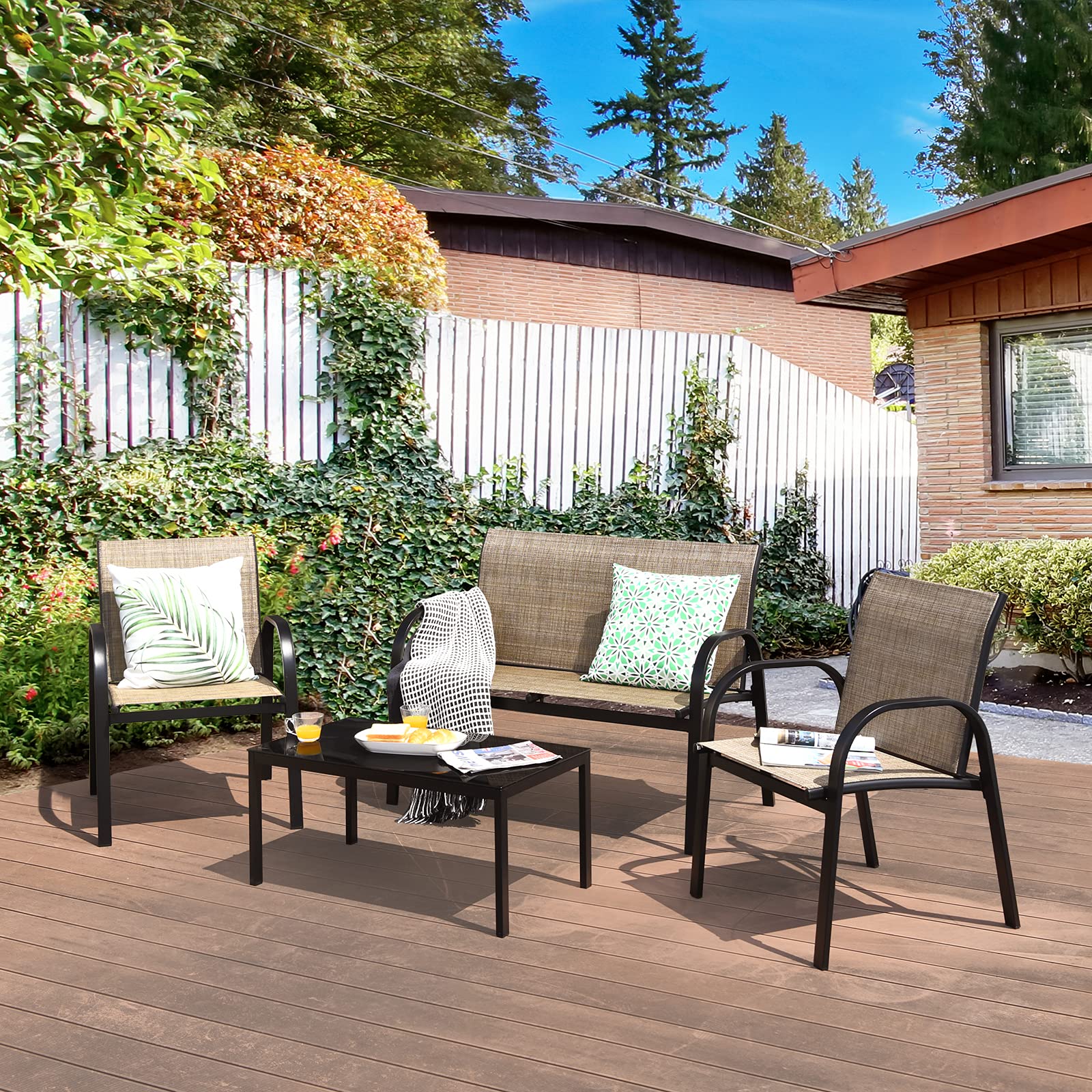 GIANTEX Salon de Jardin Exterieur 4 Pièces, Table Basse en Verre Trempé, 2 Place Canapé, 2 Chaises, Mobilier de Jardin 4 Personnes en Tissu Respirant pour Terrase, Piscine, Patio, Marron