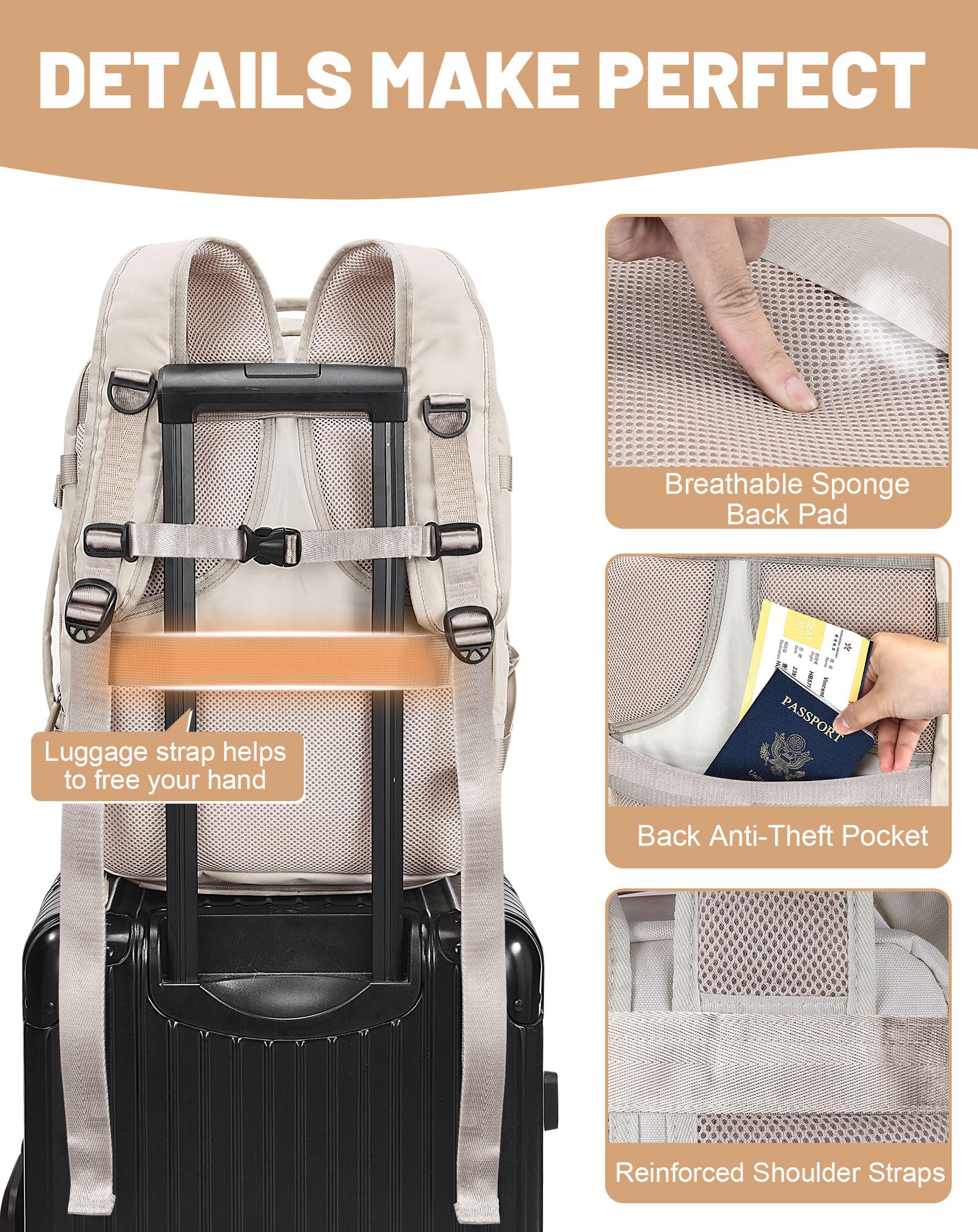 Mochila Viaje Cabina Avion 40x30x20, Maletas de Viaje Cabina para Vueling Impermeable Mochila Equipaje de Mano, 30L Mochila Hombre Mujer Travel Backpack Mochila Portatil(Beige Crema)